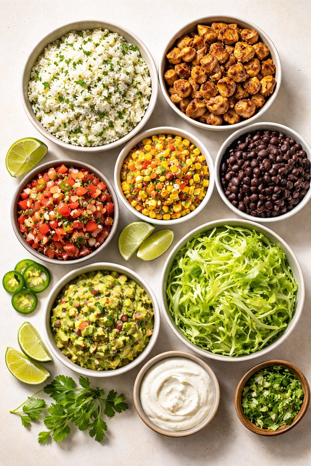 Colorful modular burrito-bowl components laid out as building blocks
