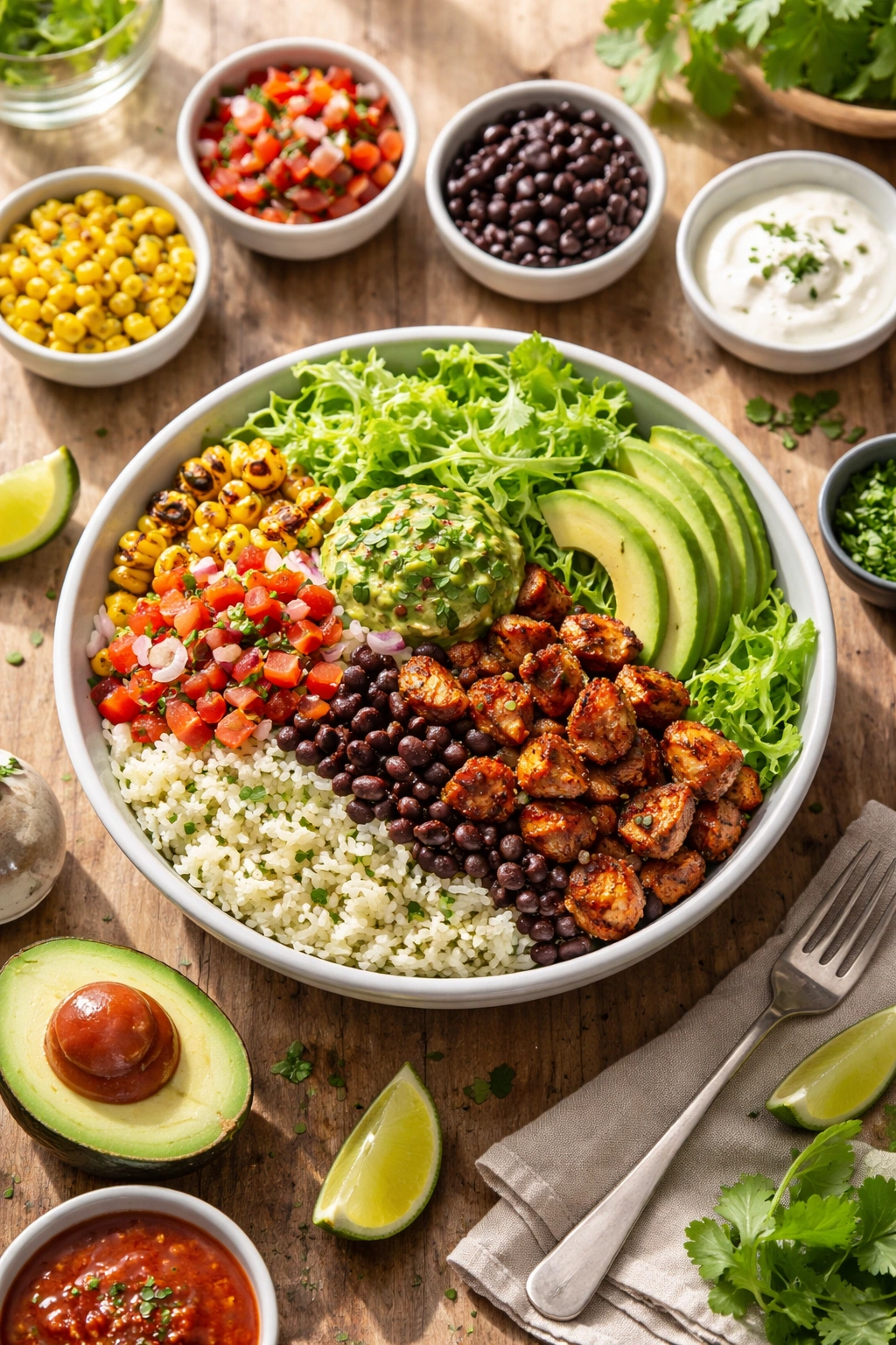 Burrito bowl with cilantro-lime rice, chicken, beans, salsa, avocado and greens