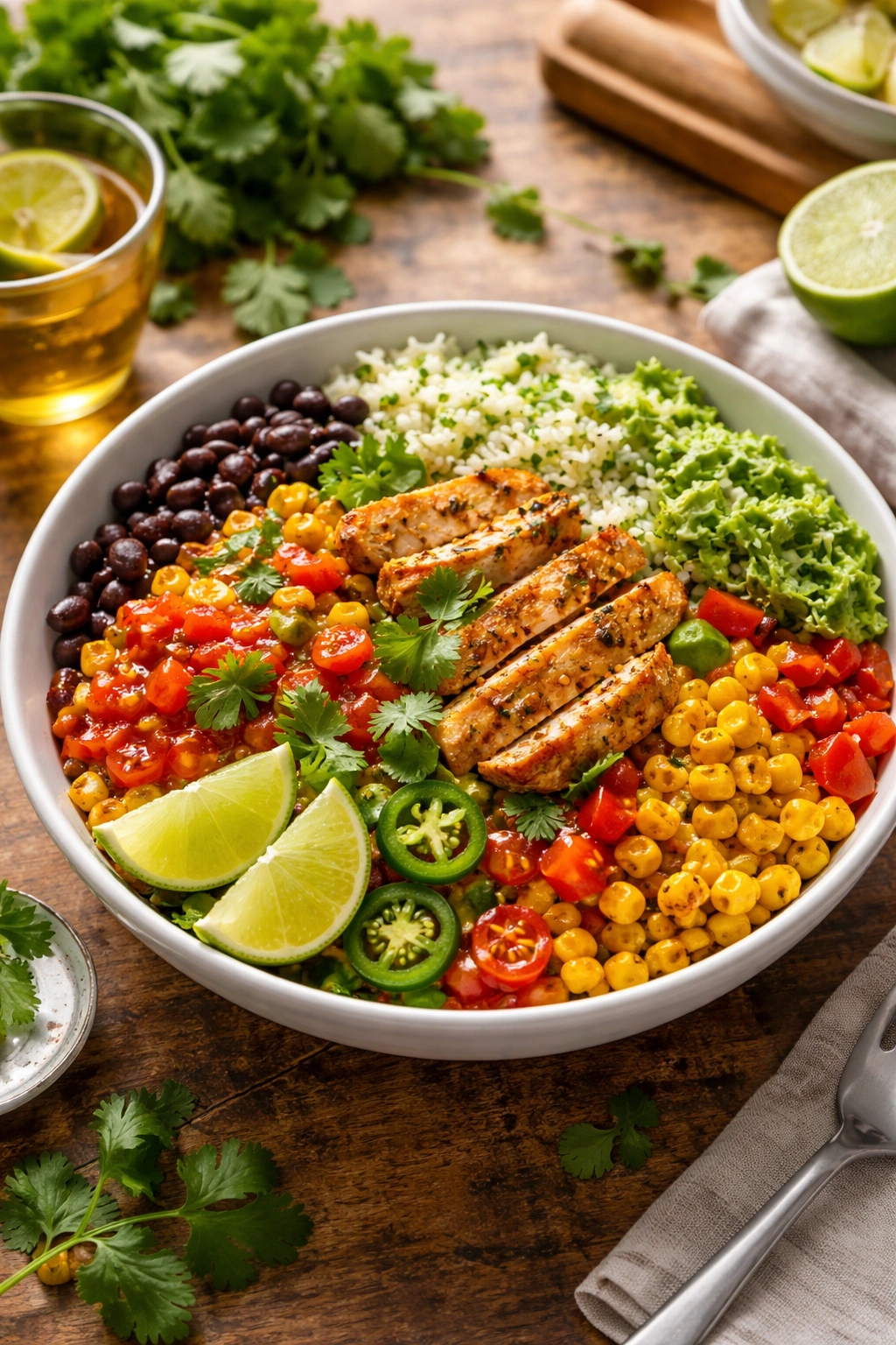 Overhead view of a colorful burrito bowl with rice, beans, and toppings