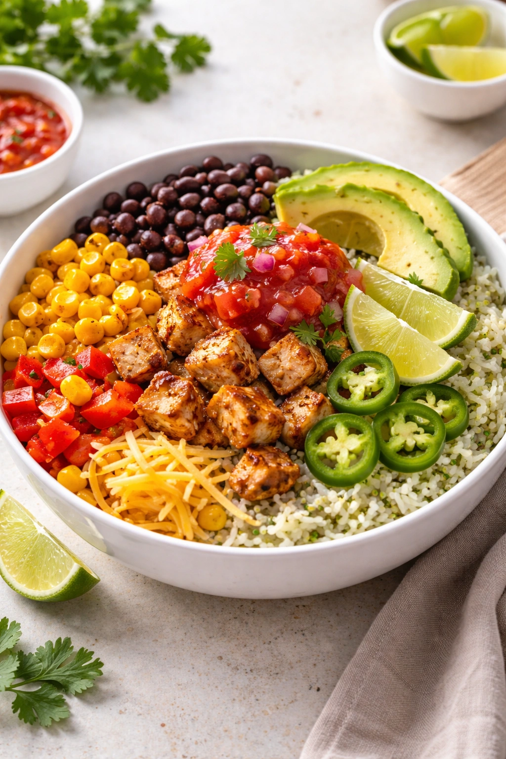 Close-up of Southwest Chicken Burrito Bowl with rice, beans, chicken and veggies