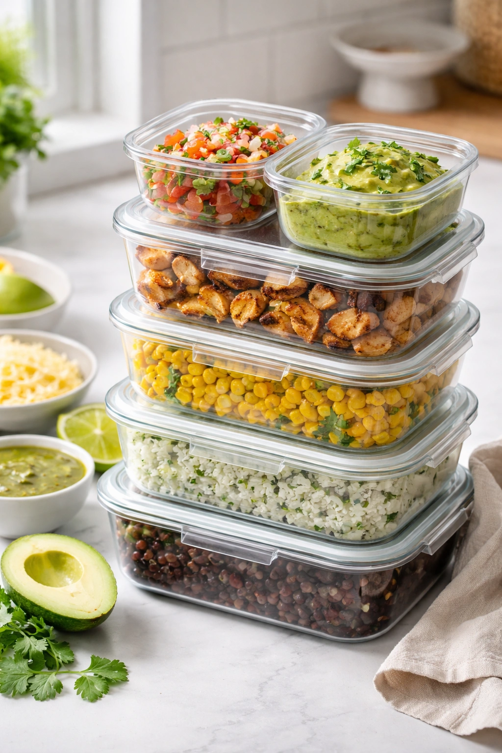Stacked airtight containers with prepped burrito-bowl components for storage
