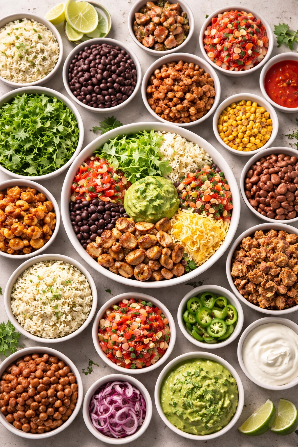 Burrito bowl with various protein toppings arranged for customization