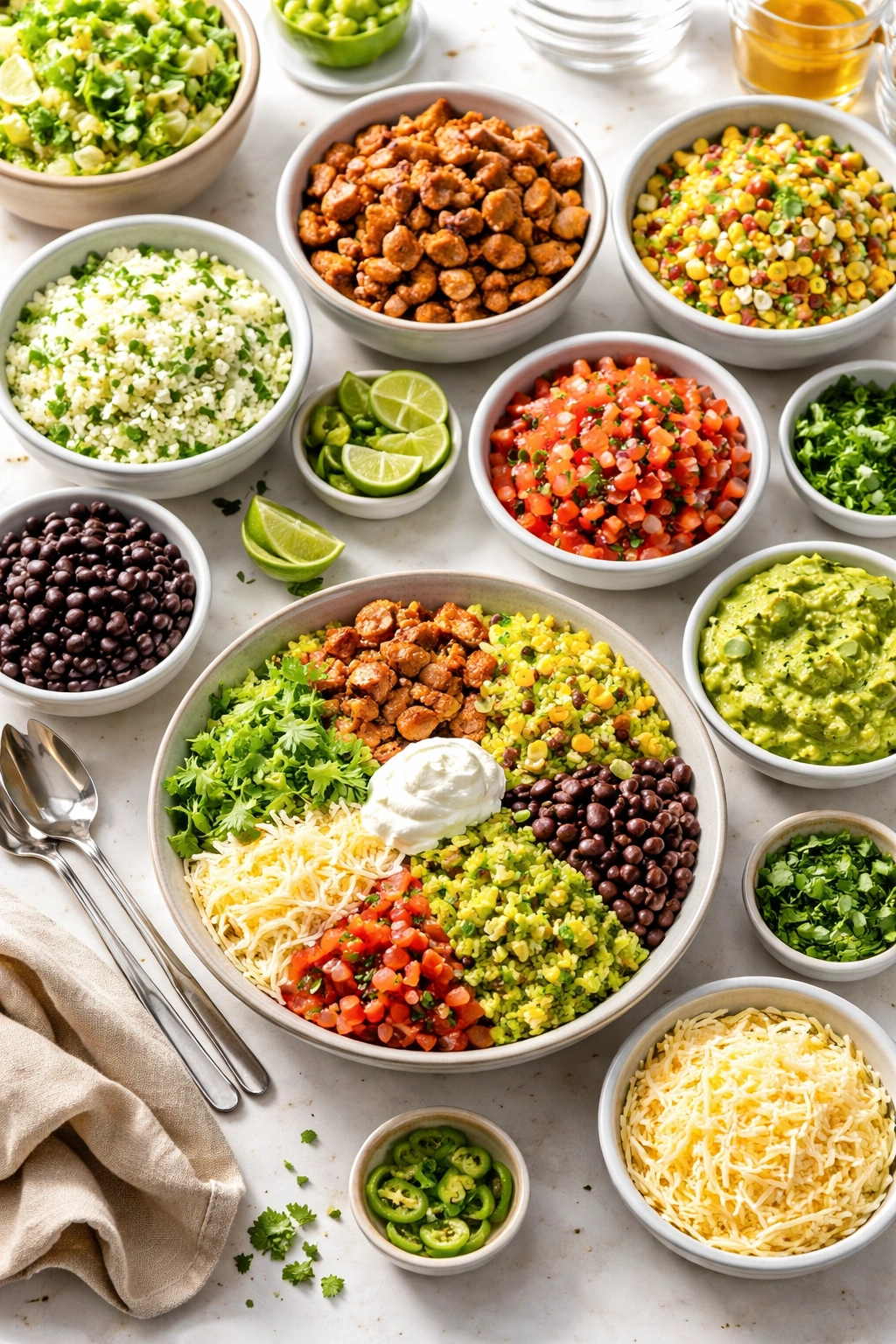 Assembly-ready burrito bowls with cilantro-lime rice and toppings arranged on a clean kitchen counter
