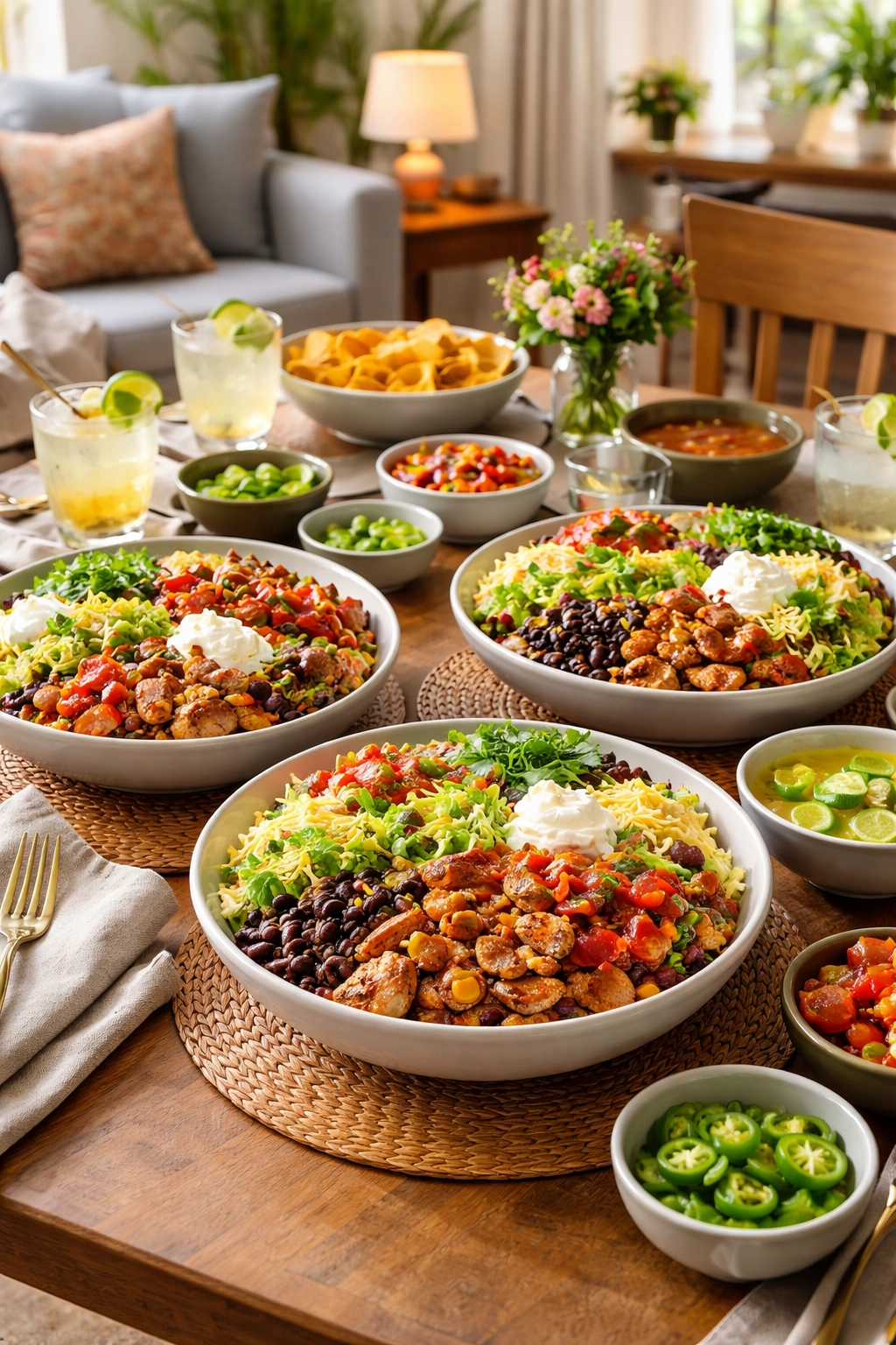 Serving bowls of burrito bowls set for a gathering