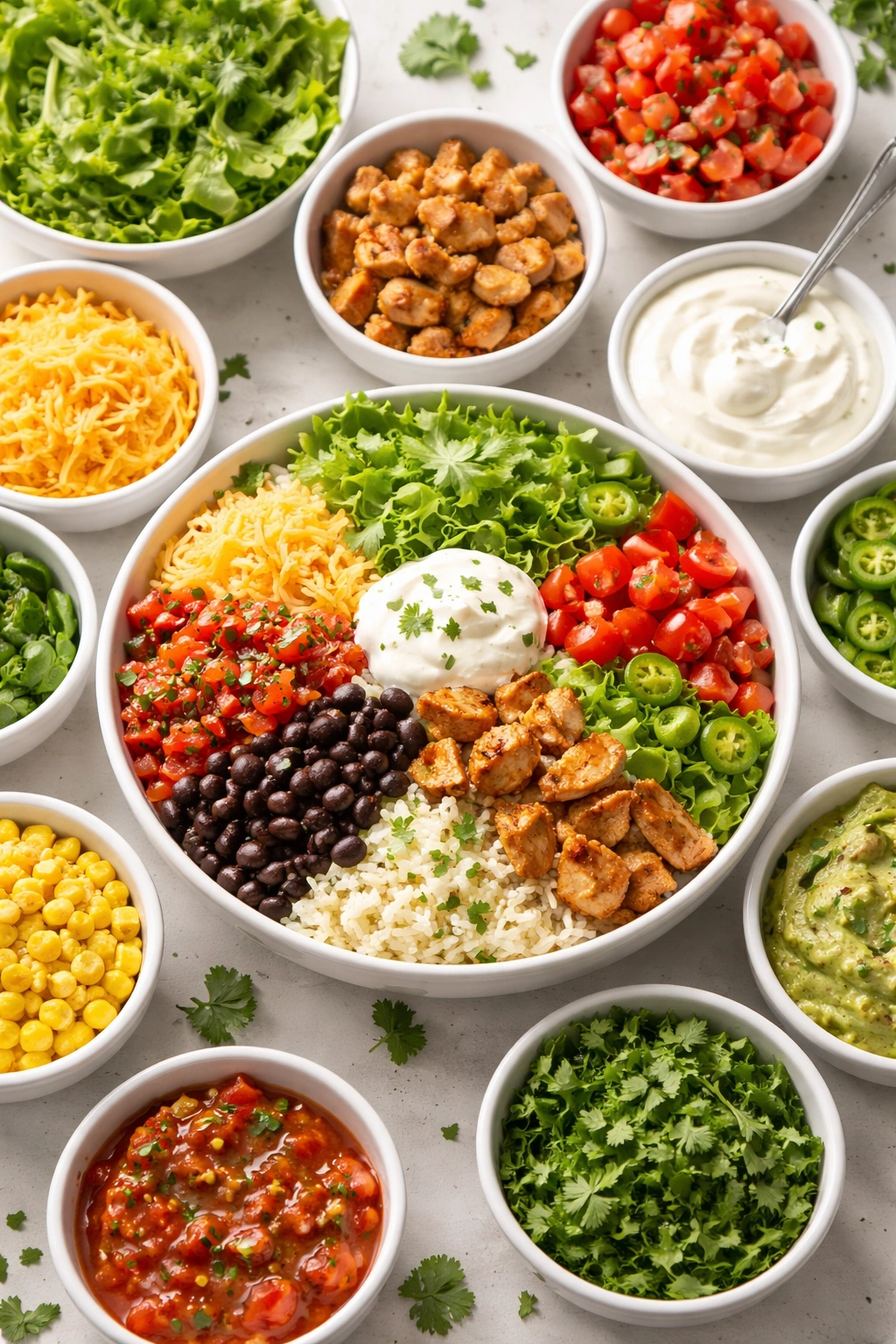 Burrito bowl with rice, beans, and separated toppings