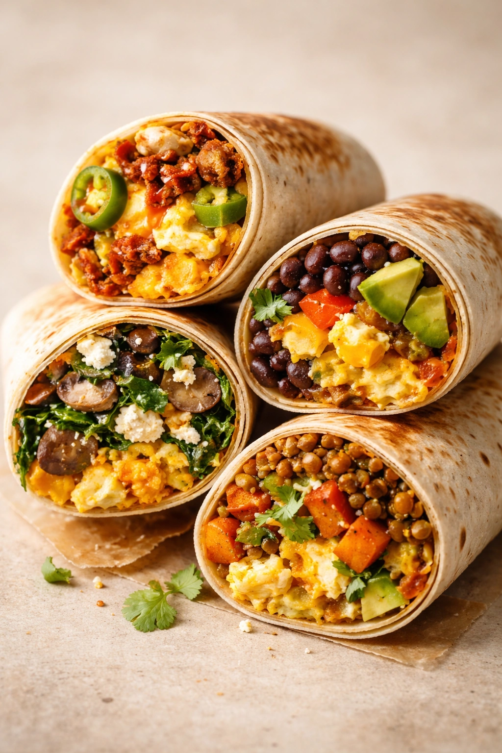 Cross-section of a burrito showing varied fillings like cheese and beans