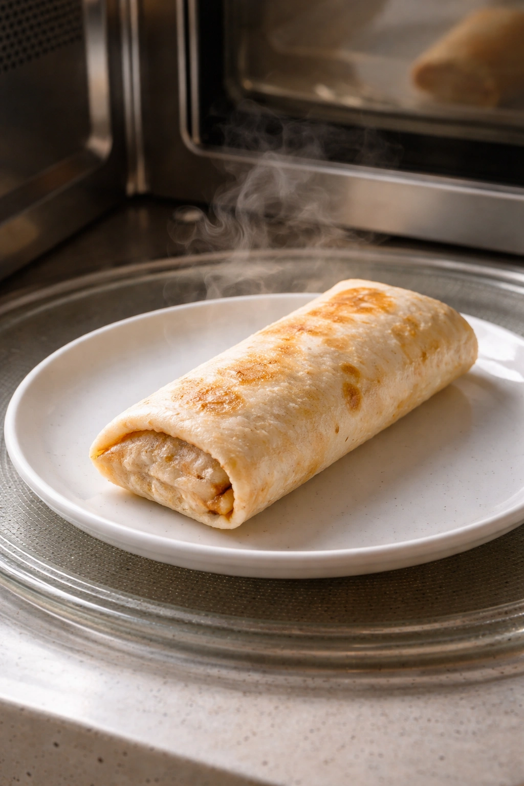 Burrito on a plate ready for microwave reheating in a simple kitchen