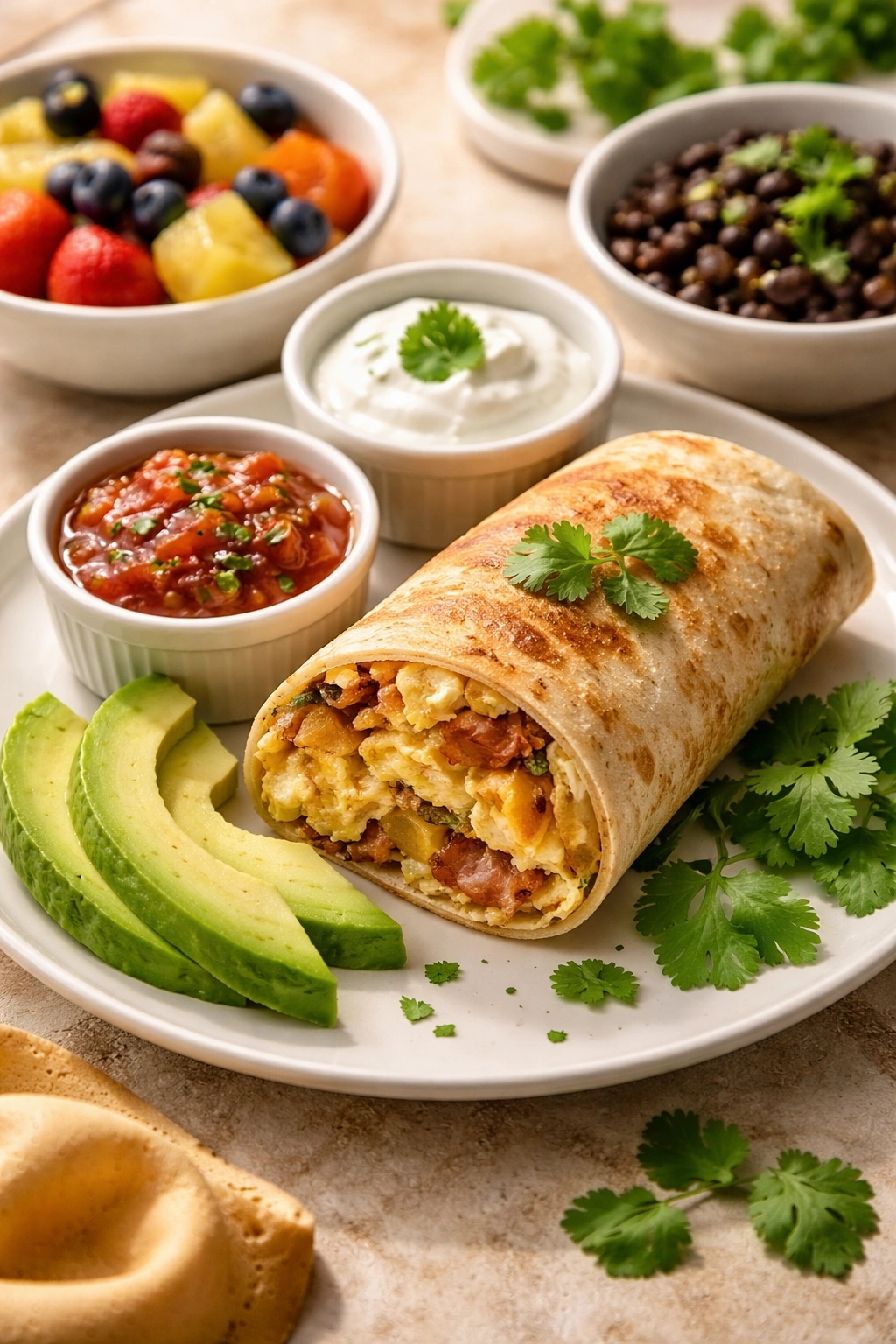 Reheated burrito plated with avocado and cilantro