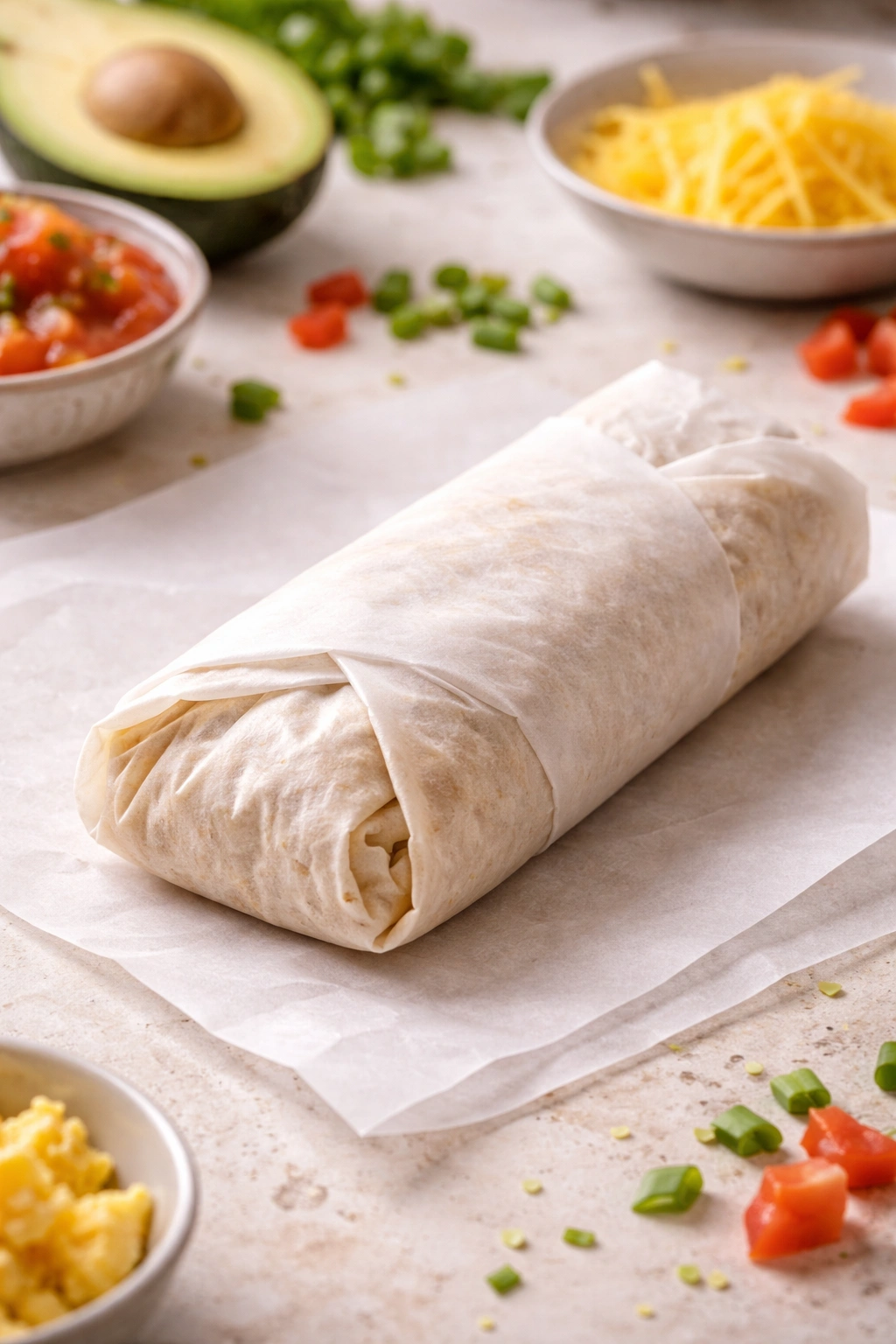 Burrito tightly wrapped in parchment on a clean surface