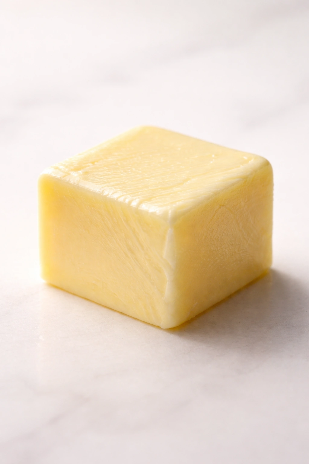 Unsalted butter pat on a plain surface, macro detail.