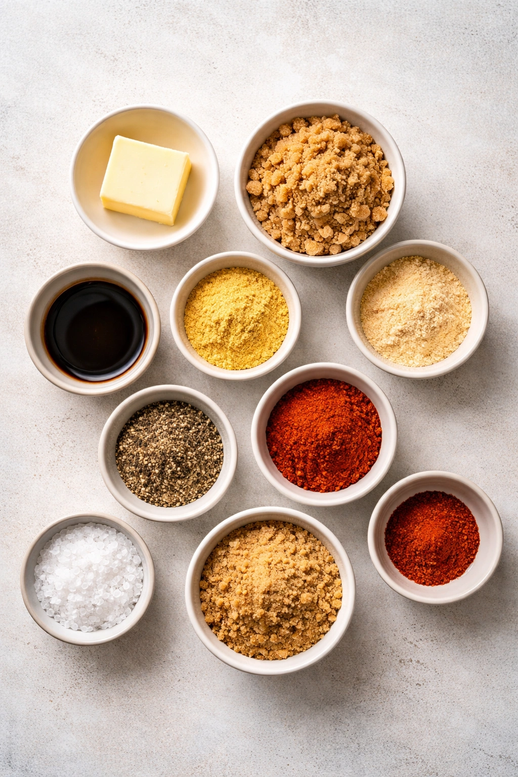 Assorted dry ingredients arranged in bowls