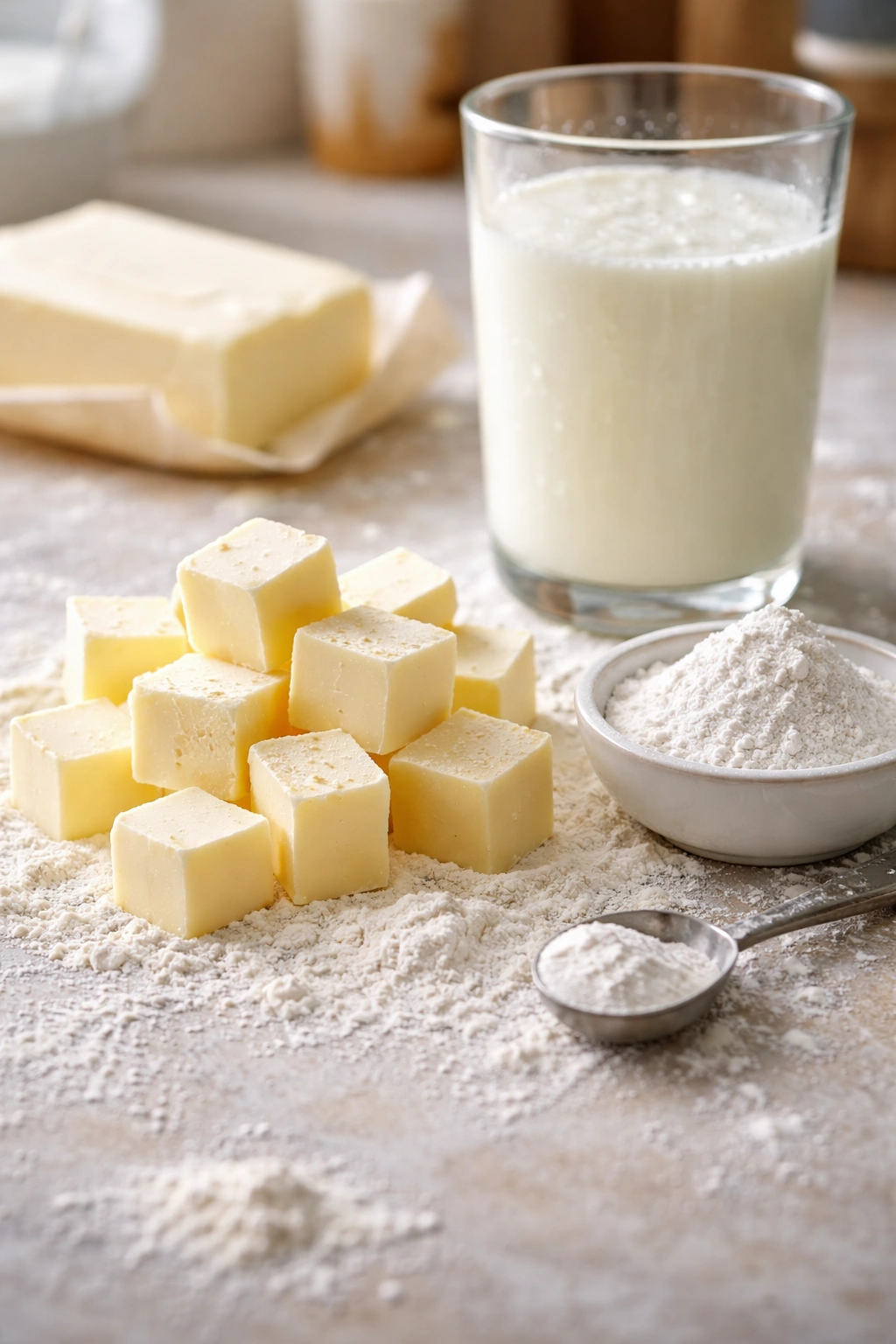 Cold butter cubes, baking powder, and buttermilk arranged on a counter