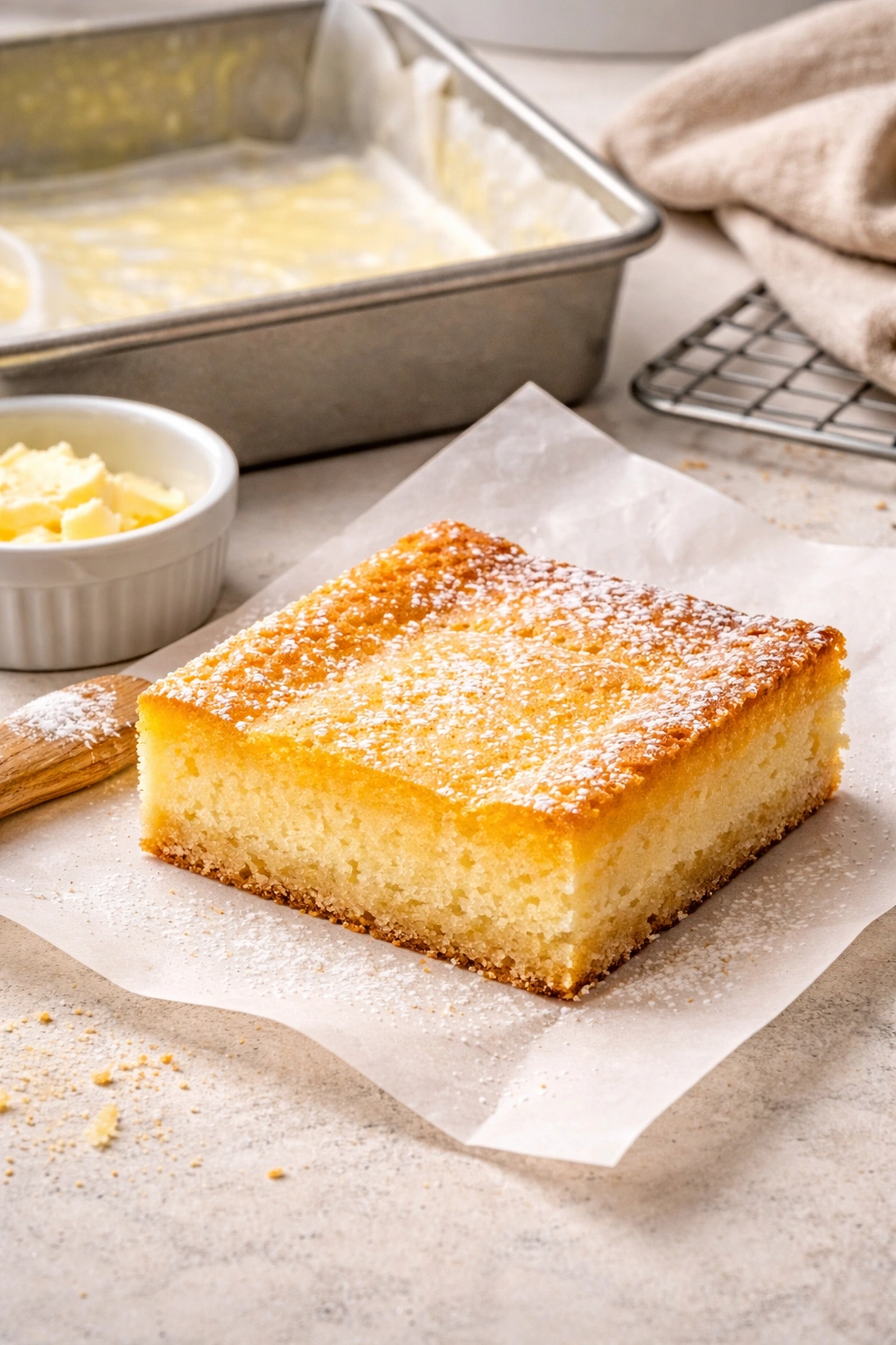 Finished slice of St. Louis Gooey Butter Cake with glossy top