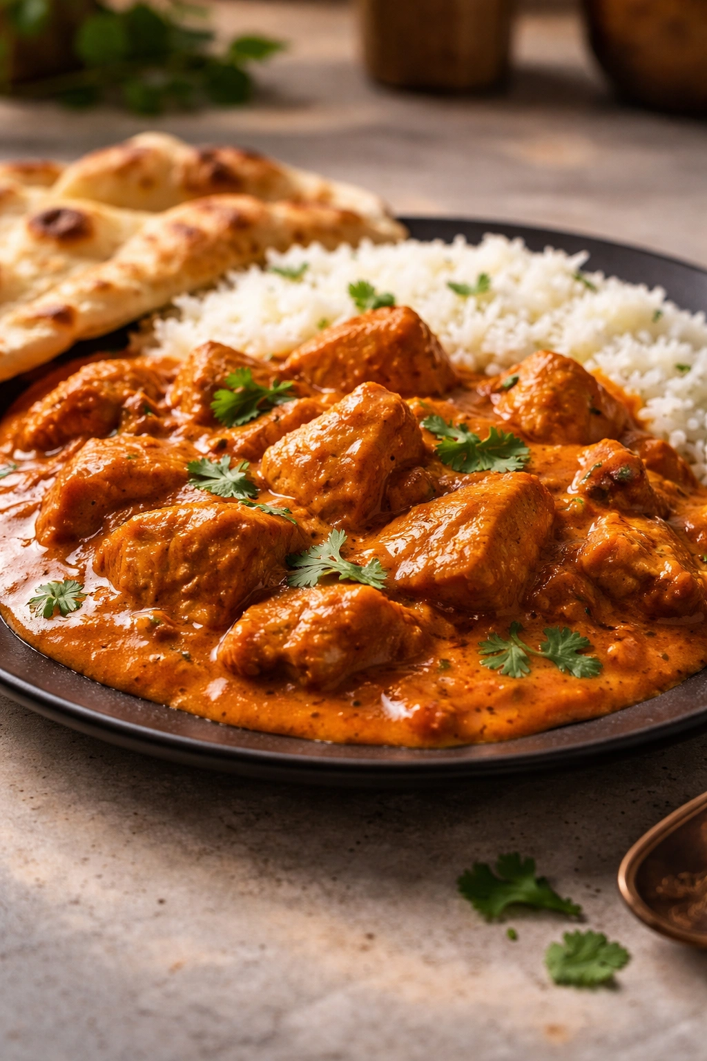 Close-up of butter chicken with glossy creamy sauce and tender pieces.
