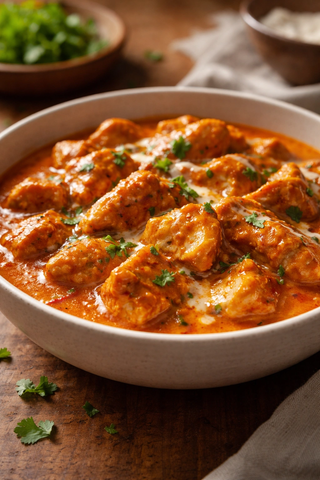 Chicken in creamy orange butter sauce in a bowl, close-up