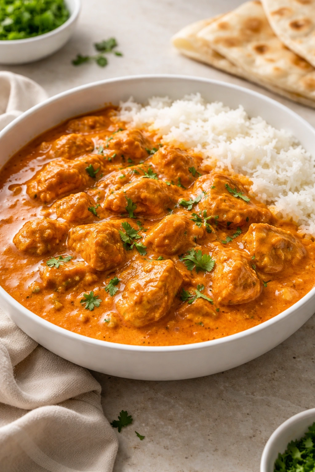 Butter chicken in a shallow bowl with creamy sauce