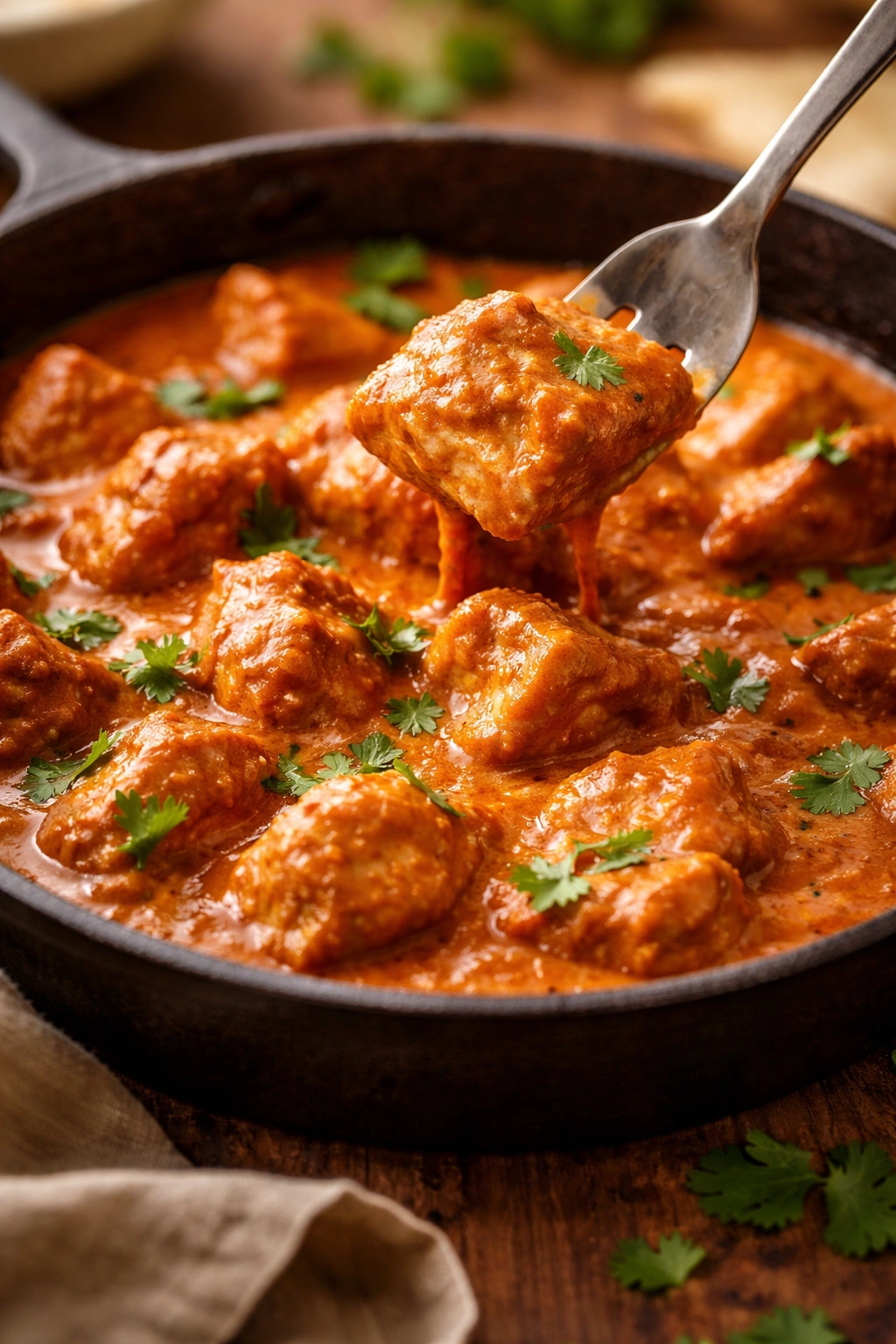 Single piece of butter chicken in a skillet with glossy sauce.