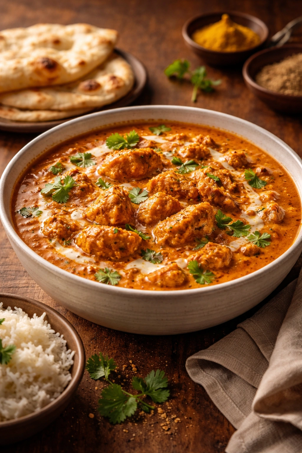 Butter chicken in creamy tomato curry with spices