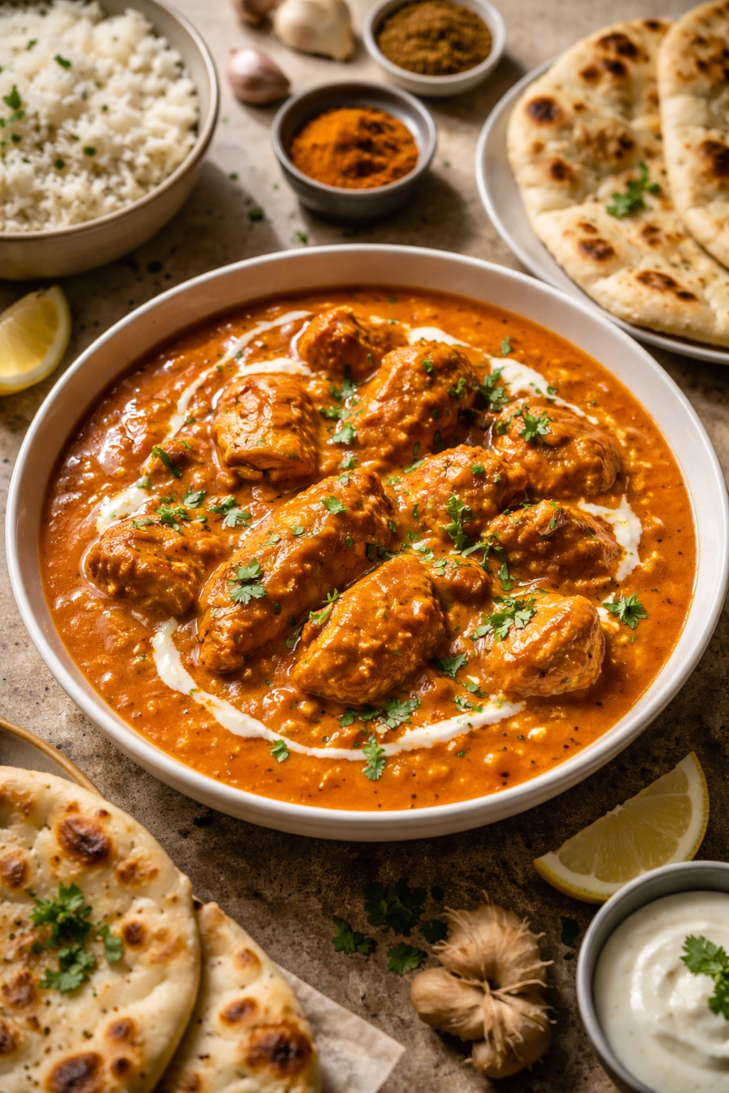 Butter Chicken plated with rich color and texture
