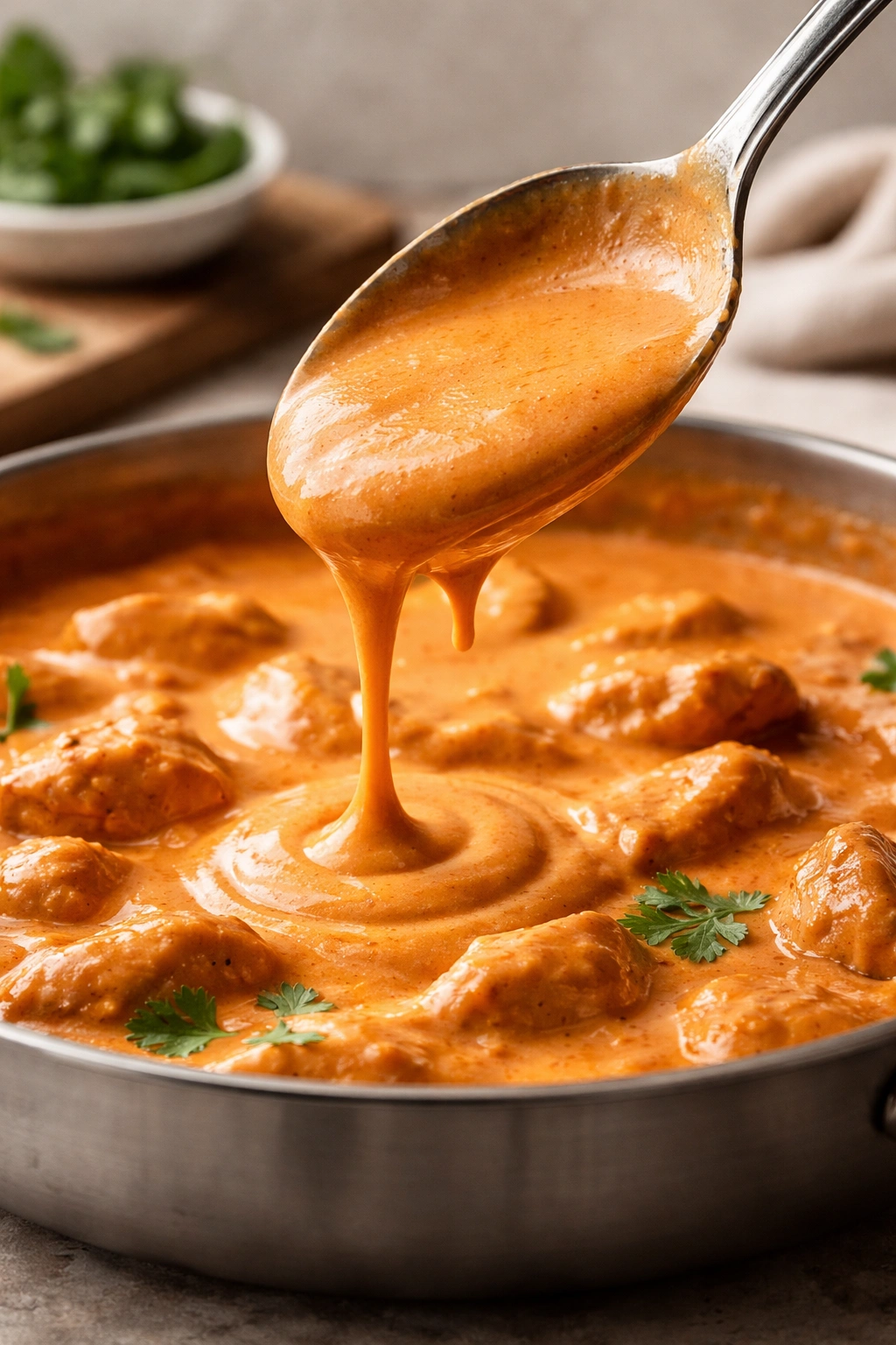 Close-up of silky, pourable butter chicken sauce coating a spoon