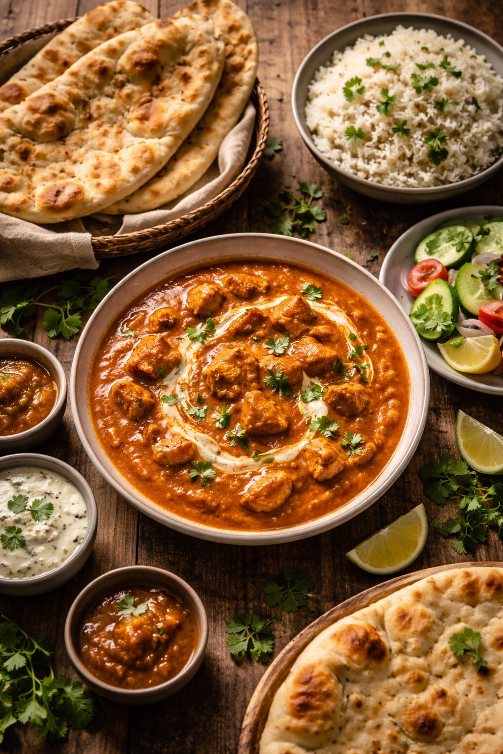 Butter Chicken served with cream swirl in a shallow bowl