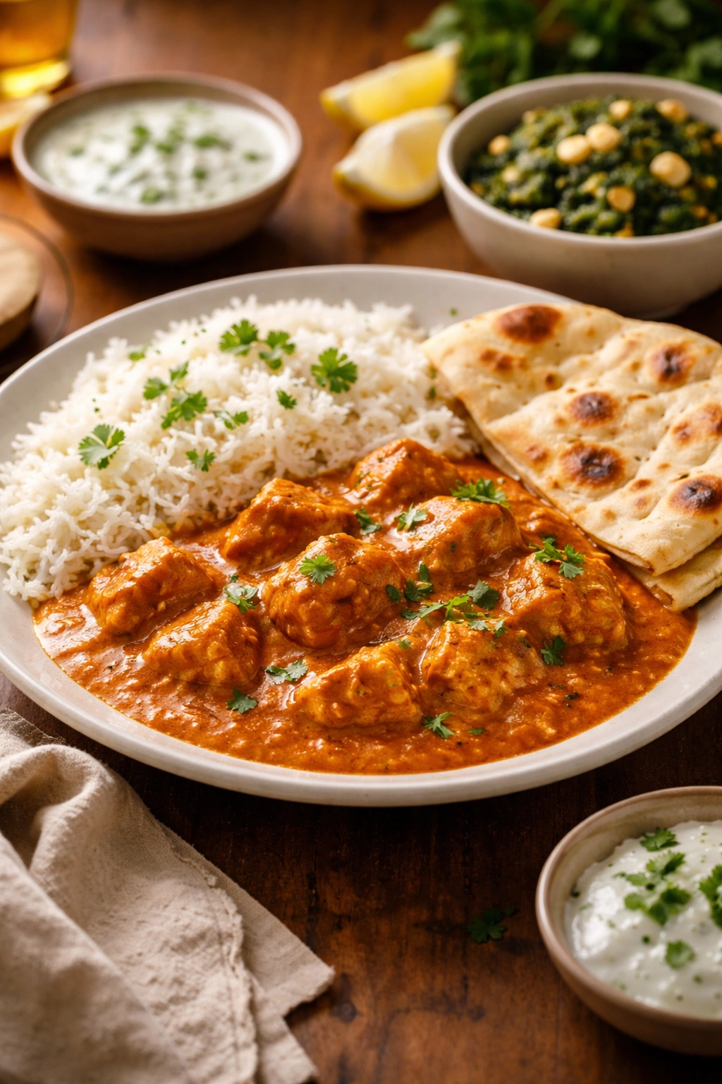 Plate of butter chicken with rice and naan on a clean surface