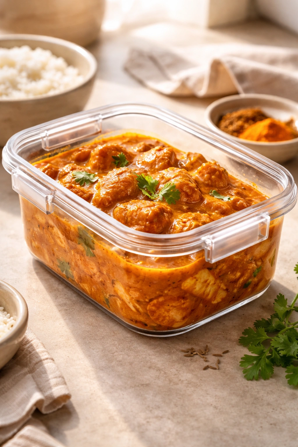 Airtight container of butter chicken on a kitchen counter