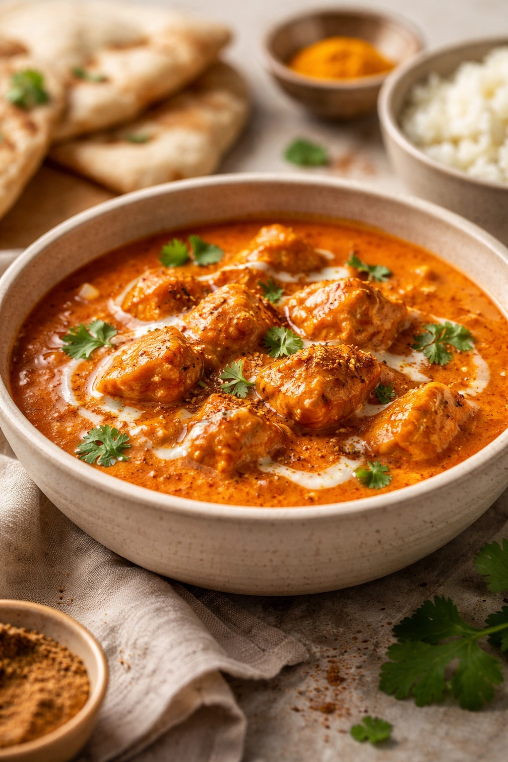 Butter Chicken with luminous sauce and deep color