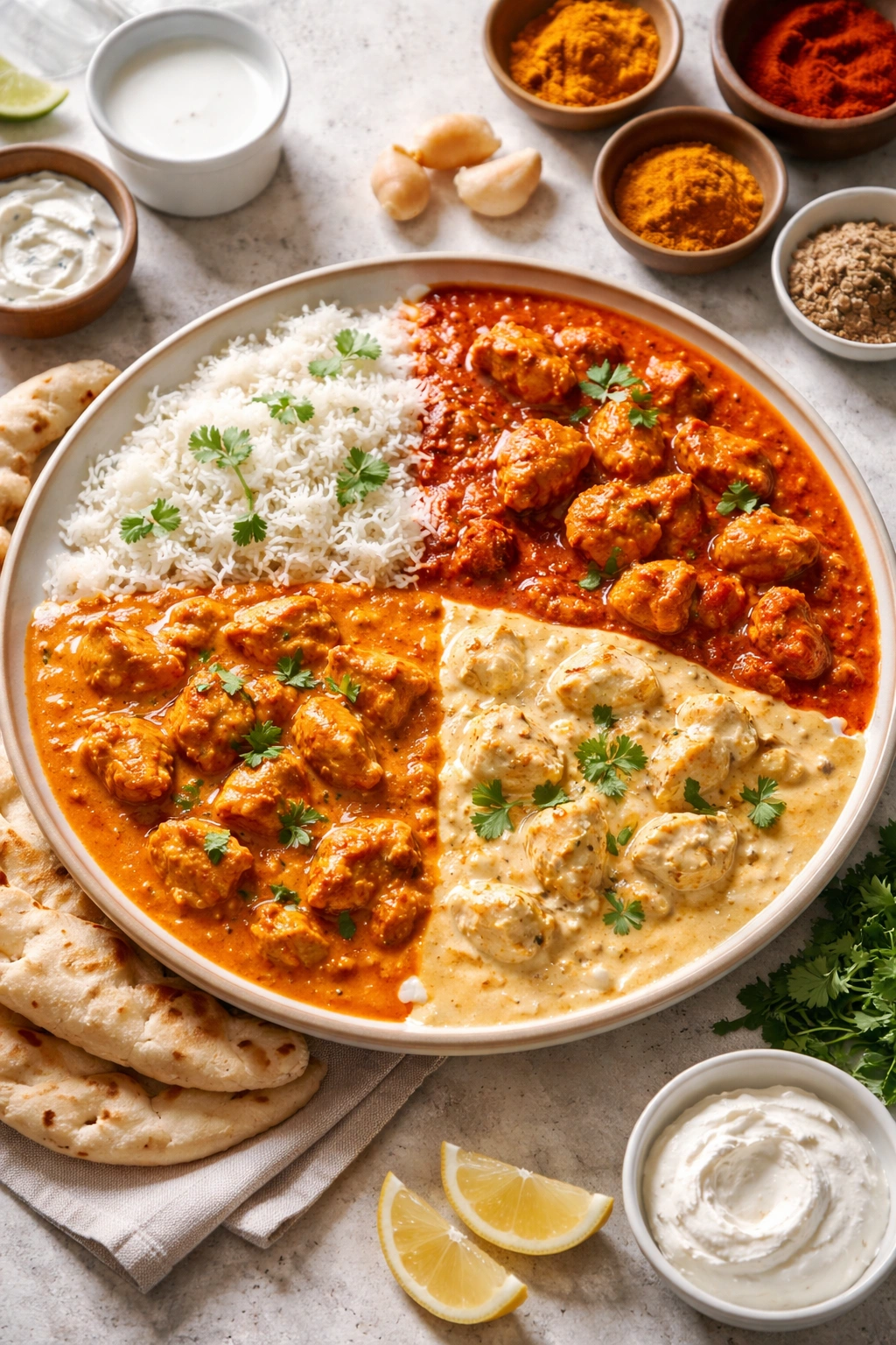 Butter chicken variations shown with different sauce tones to imply customization