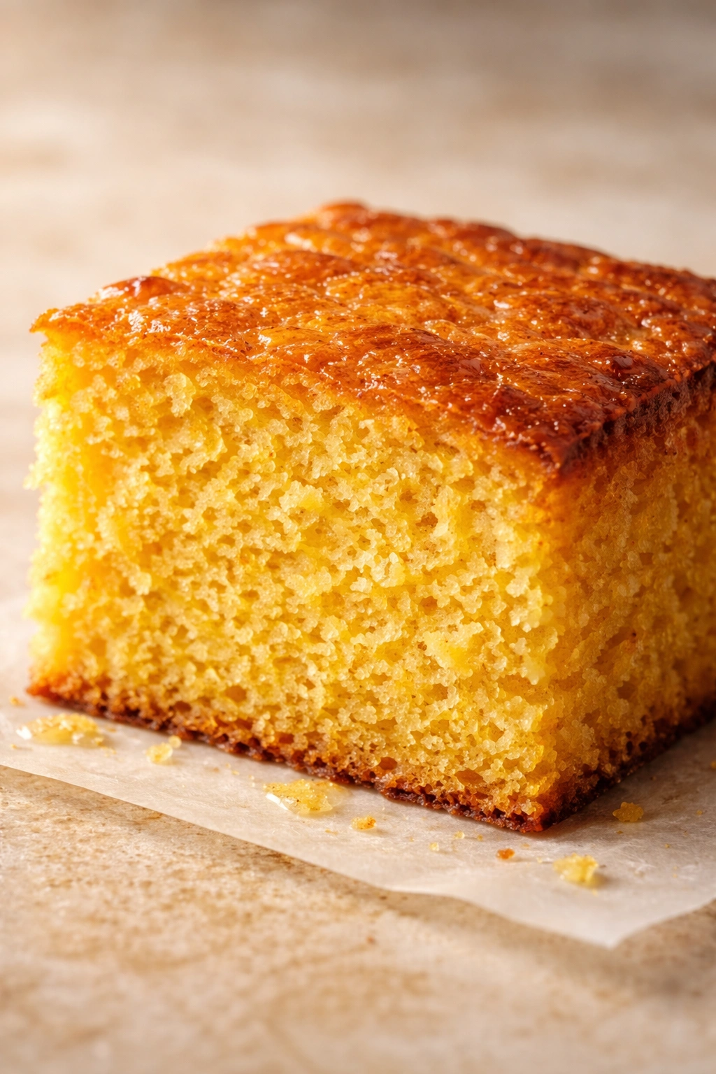 Glossy moist cornbread slice highlighting texture and moisture