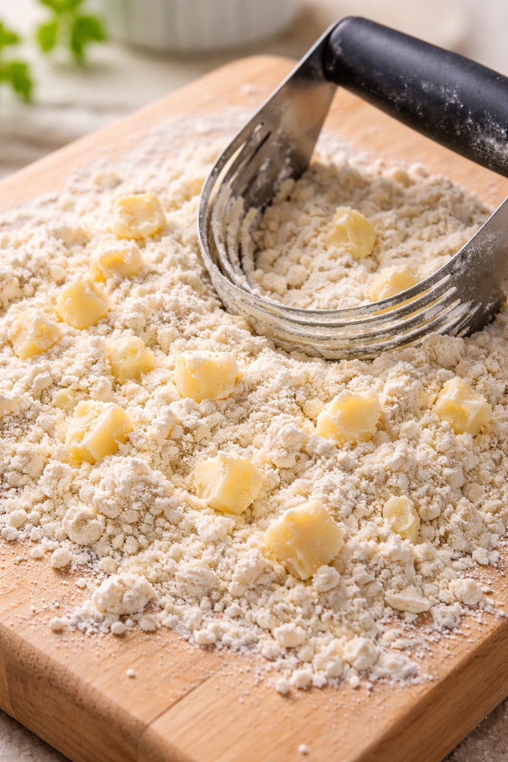 Close-up of butter flecks in flour with a pastry cutter on a wooden board