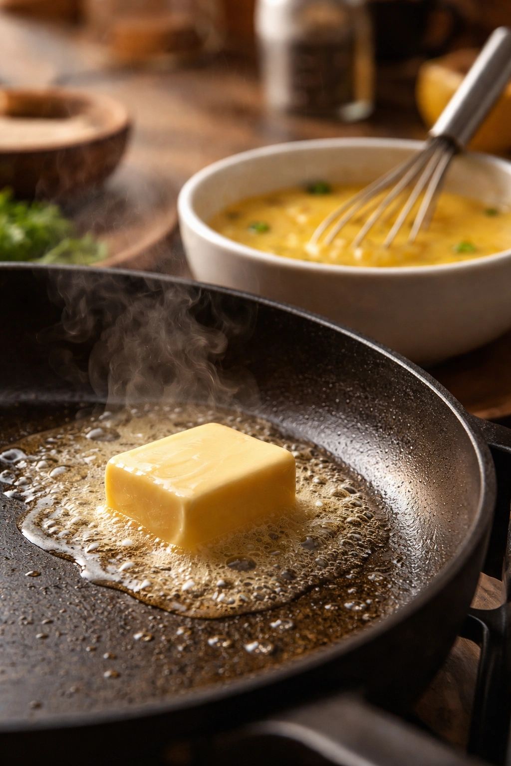 Butter melting in a pan with a bowl of whisked eggs nearby