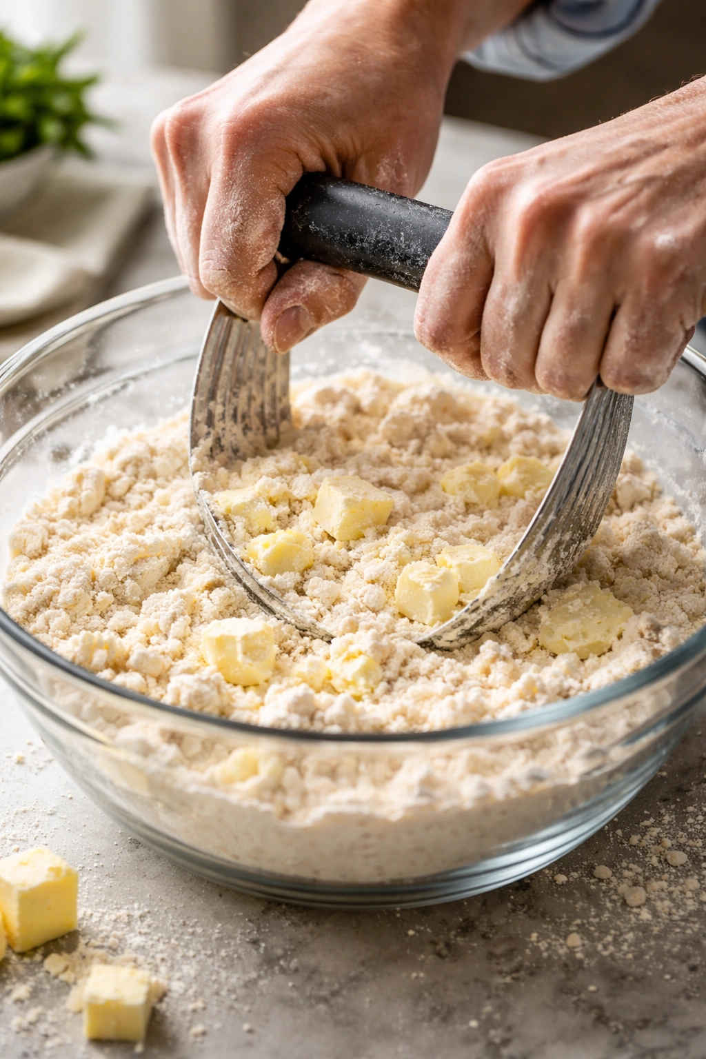 Hands cutting cold butter into flour to keep it chunky for flaky biscuits