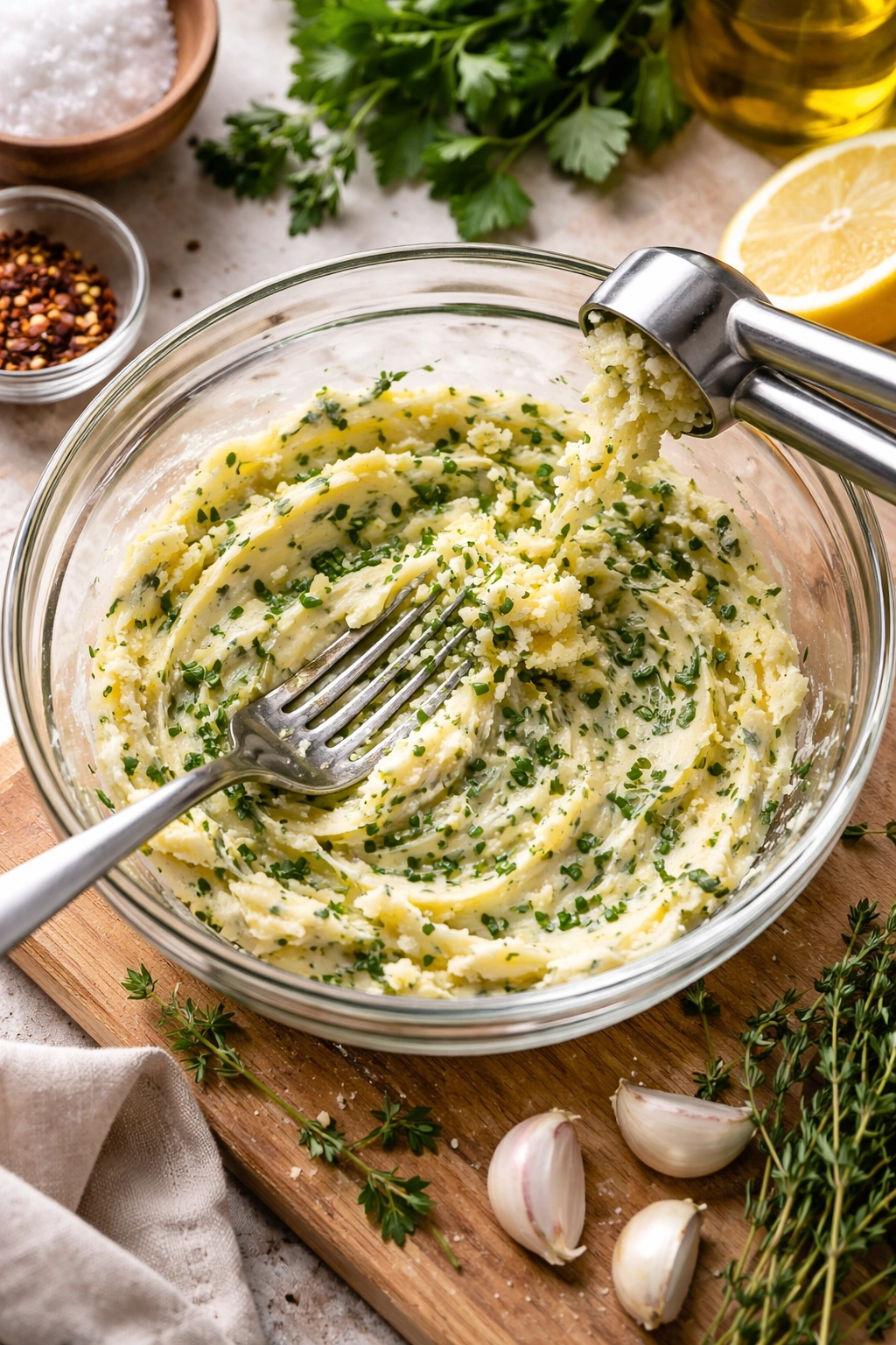 Softened butter with garlic and herbs being mashed into a smooth mixture