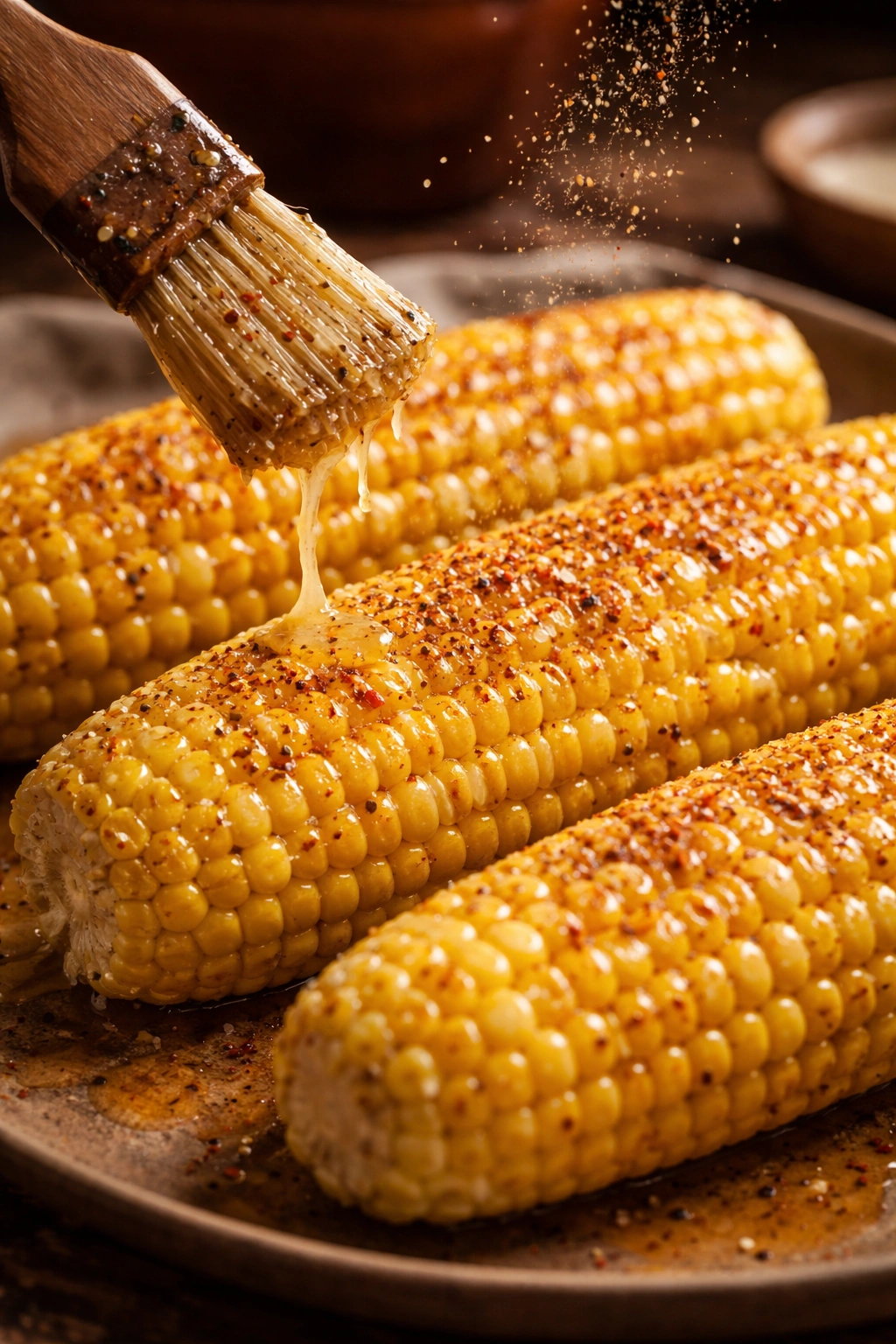 Close-up of butter-coated corn on the cob with seasoning flecks