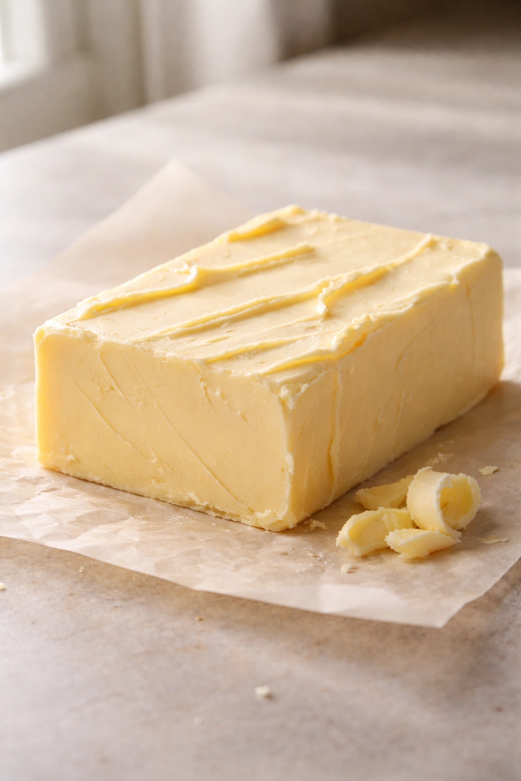 Close-up of a single slab of butter on a plain surface showing creamy texture