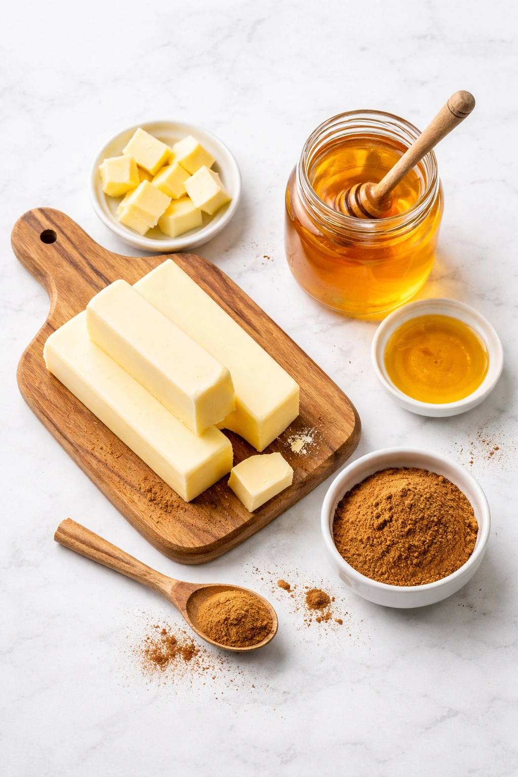 Top-down view of butter, honey, and cinnamon arranged on a light surface