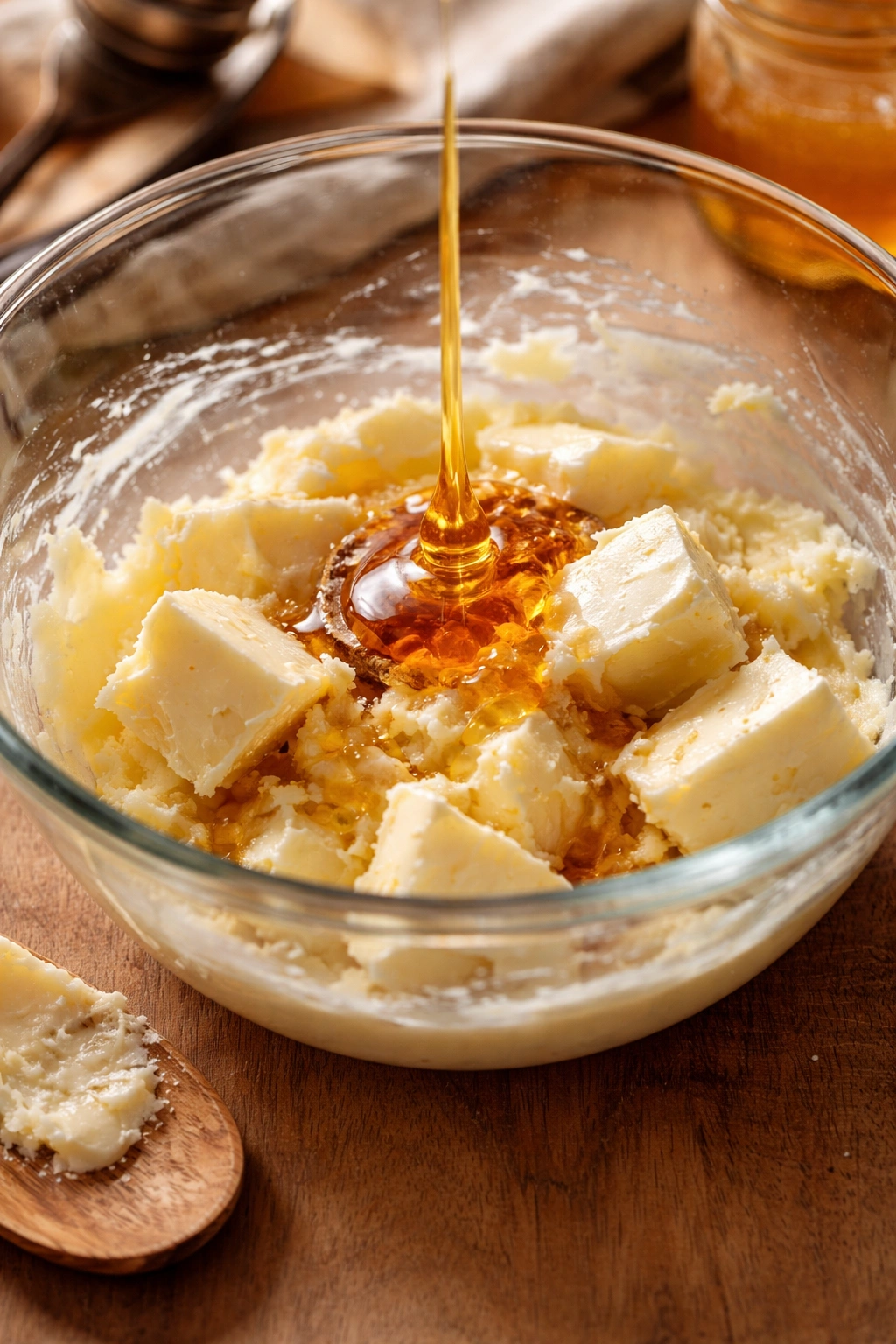 Close-up of butter and honey in a bowl showing separation, illustrating common mistakes when making honey butter