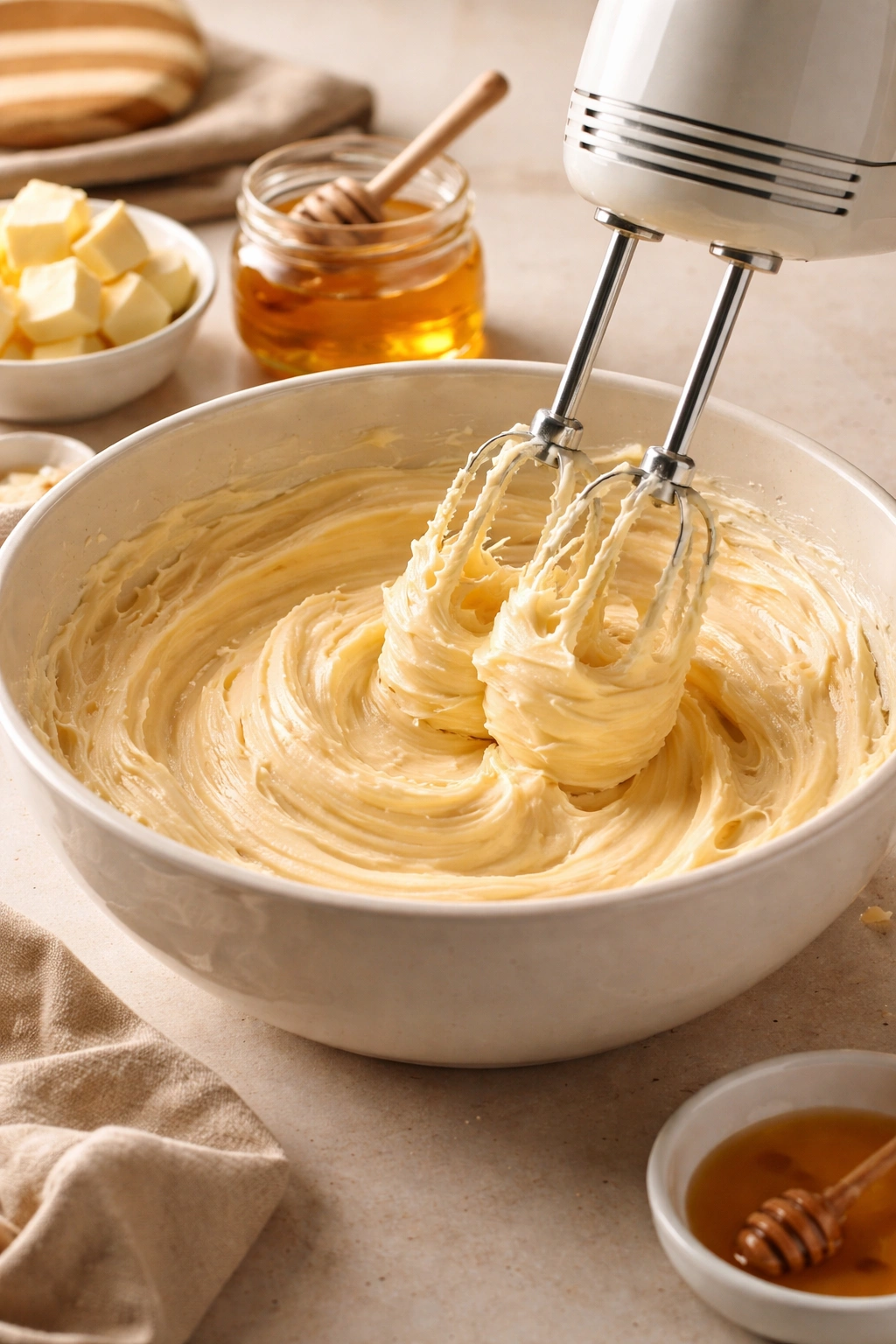Mixer beating pale yellow honey butter in a bowl with warm light