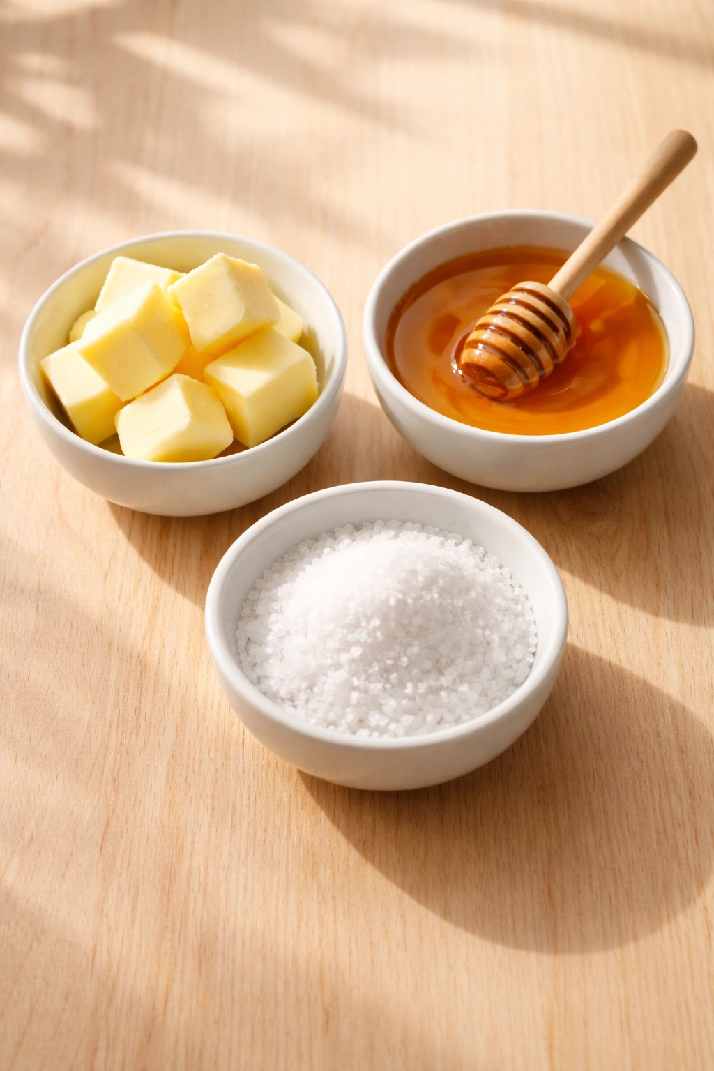 Three bowls of butter, honey, and salt on a wooden surface, top-down