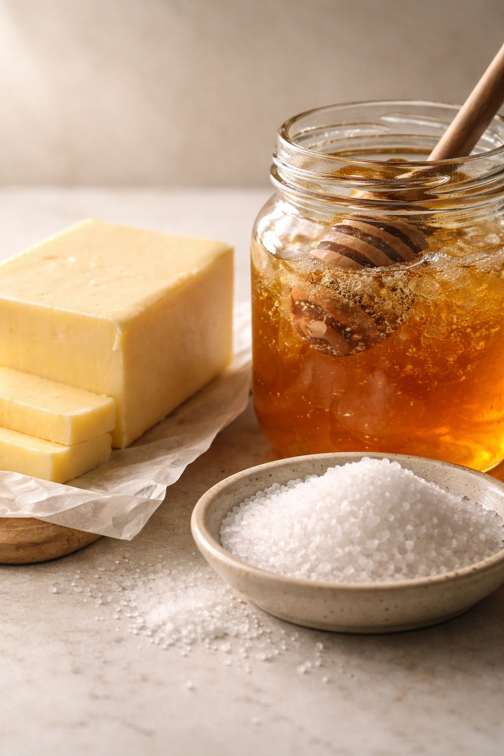 Butter block, raw honey jar with crystals, sea salt on neutral background