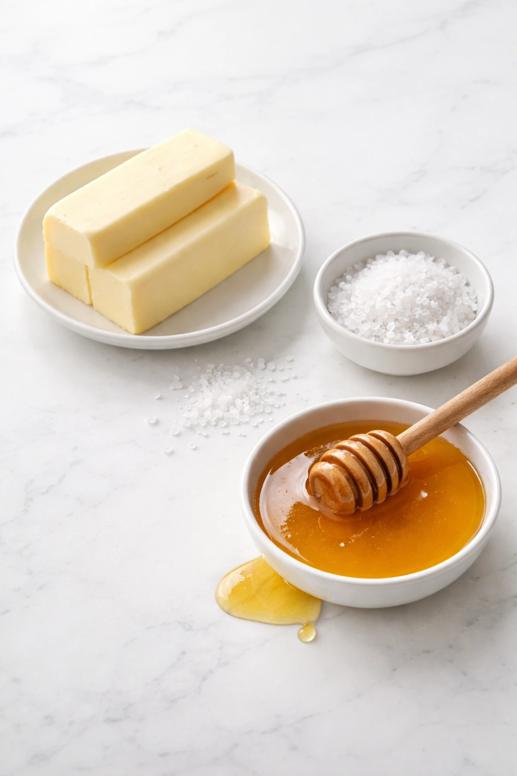 Butter block, honey drizzle, and sea salt arranged on a clean surface