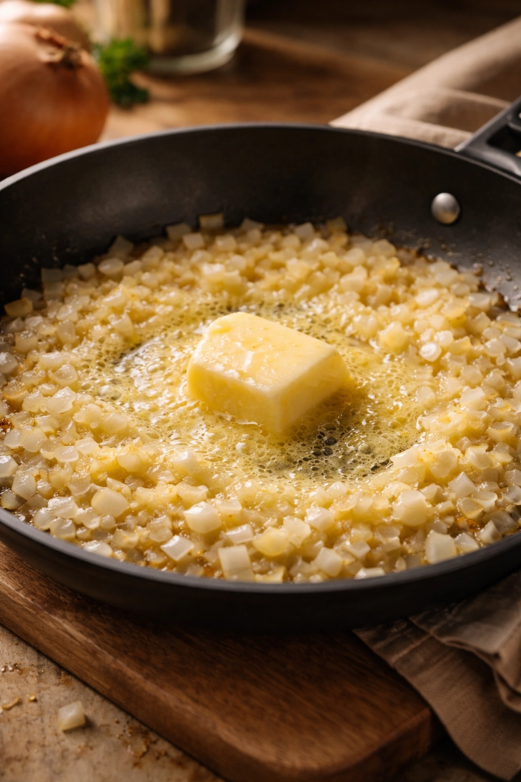 Onion and melting unsalted butter in skillet