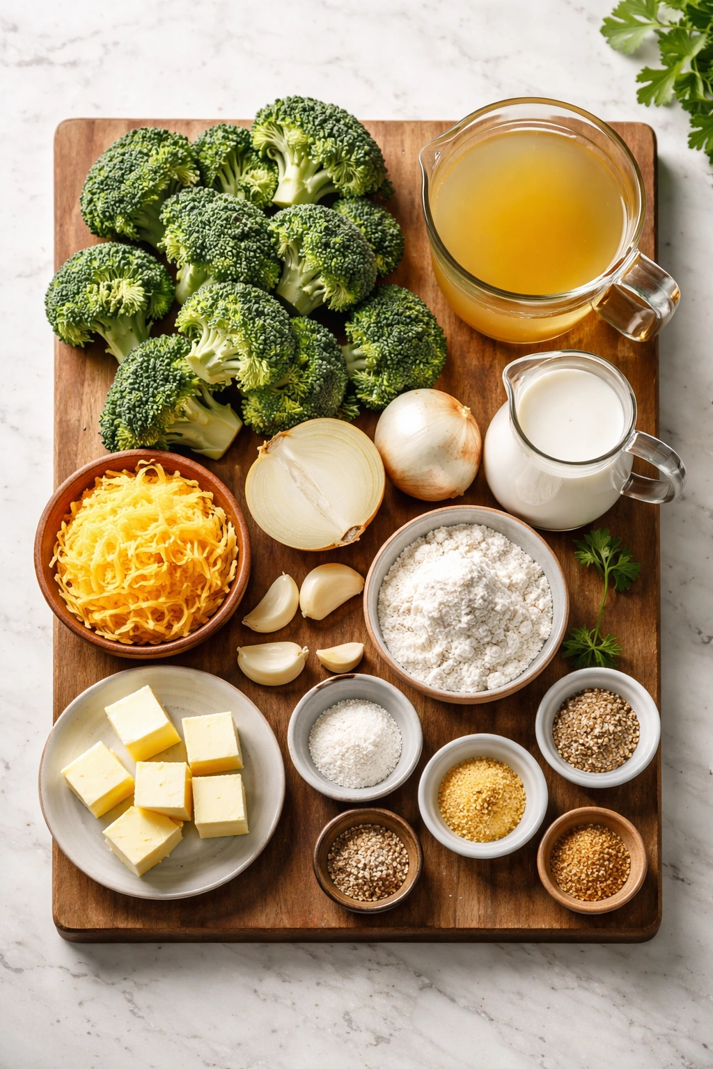 Top-down arrangement of ingredients for broccoli cheddar soup on wooden board