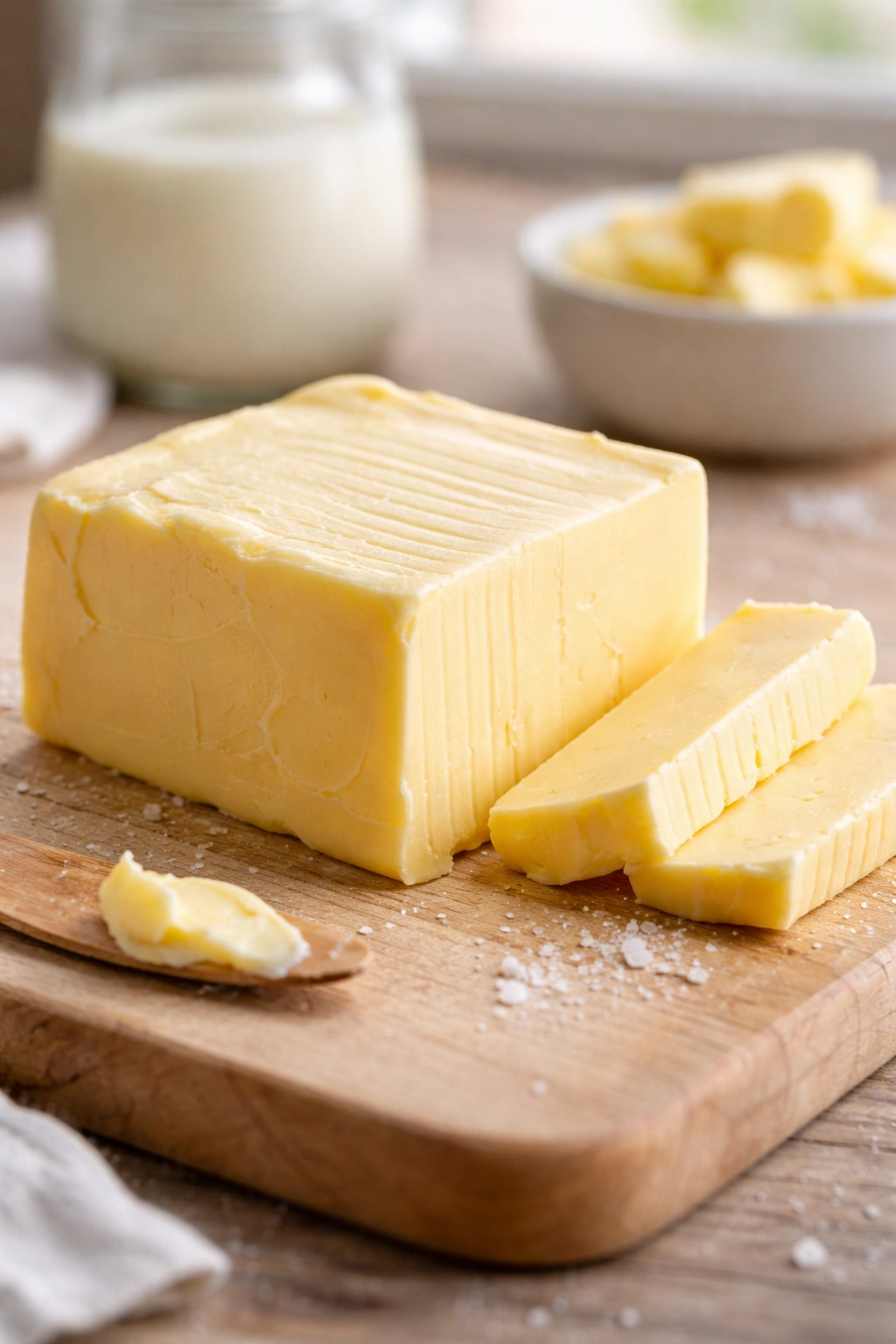 Butter slab with firm texture on wooden surface