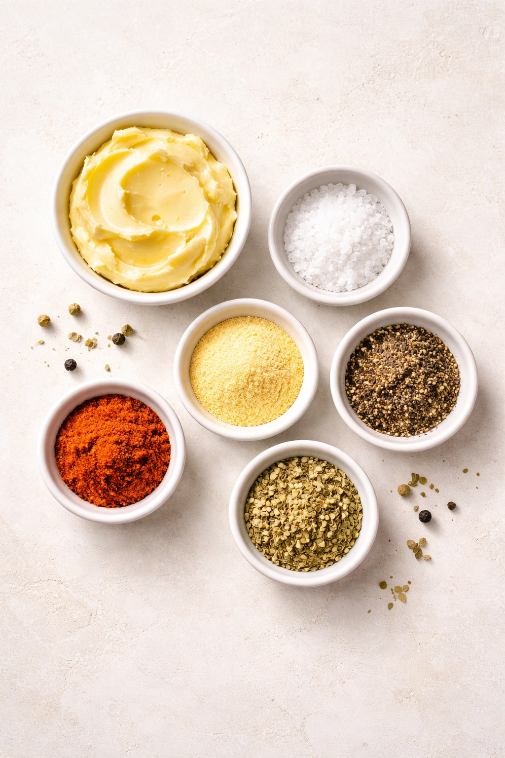 Flat lay of butter and spices for sauce on a light surface