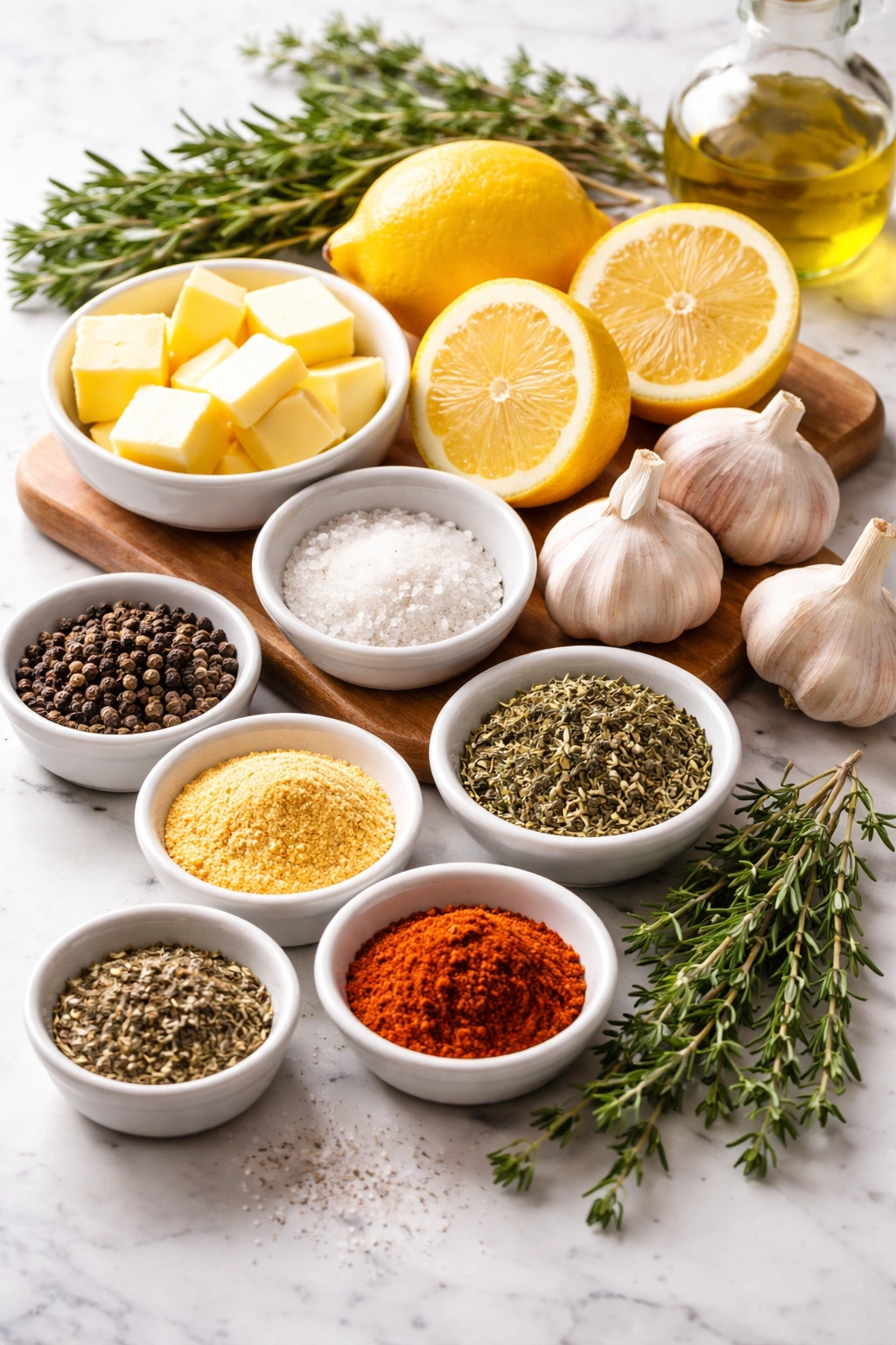 Ingredients for roasted chicken laid out on a surface