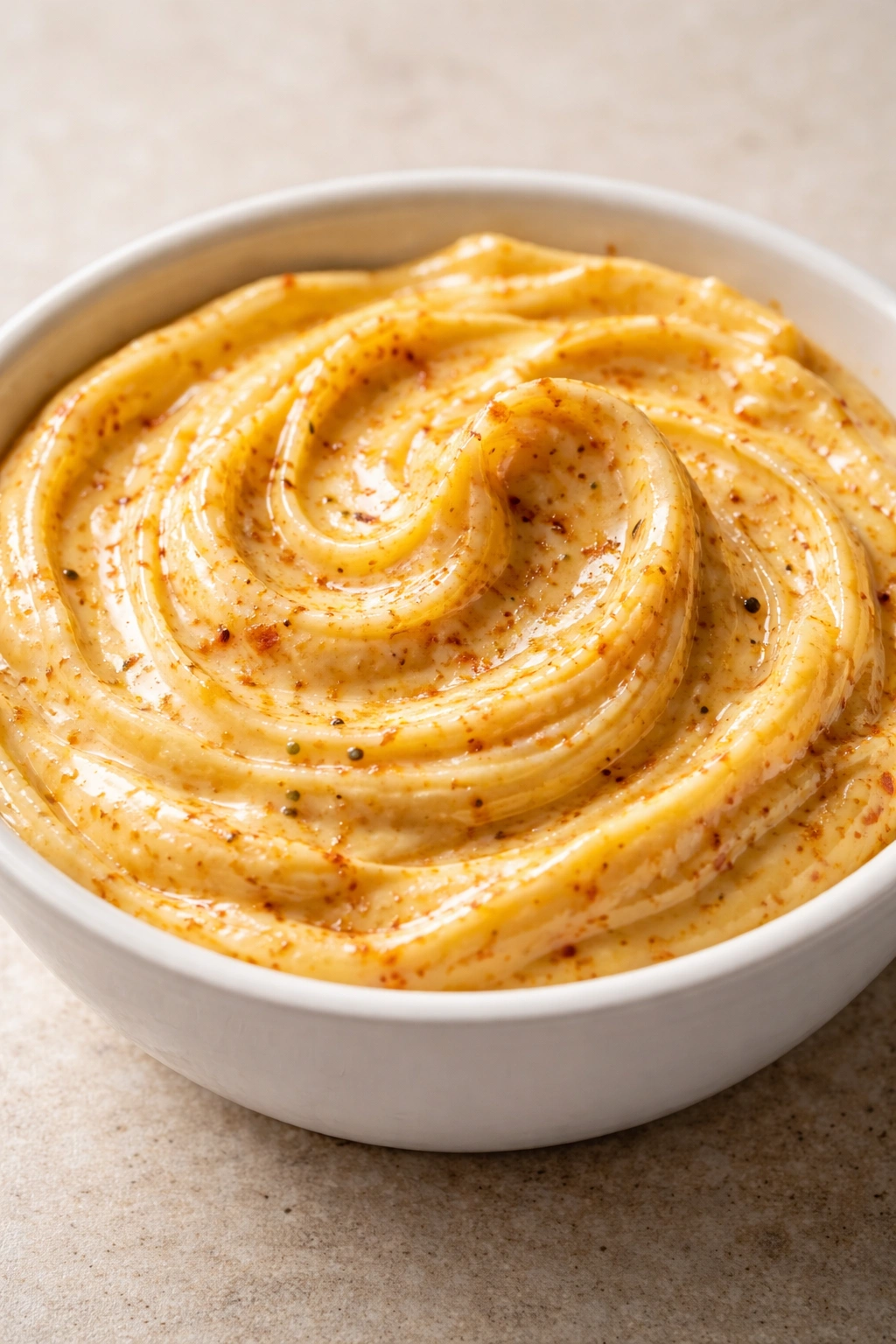 Glossy butter sauce in a small bowl with visible seasoning flecks