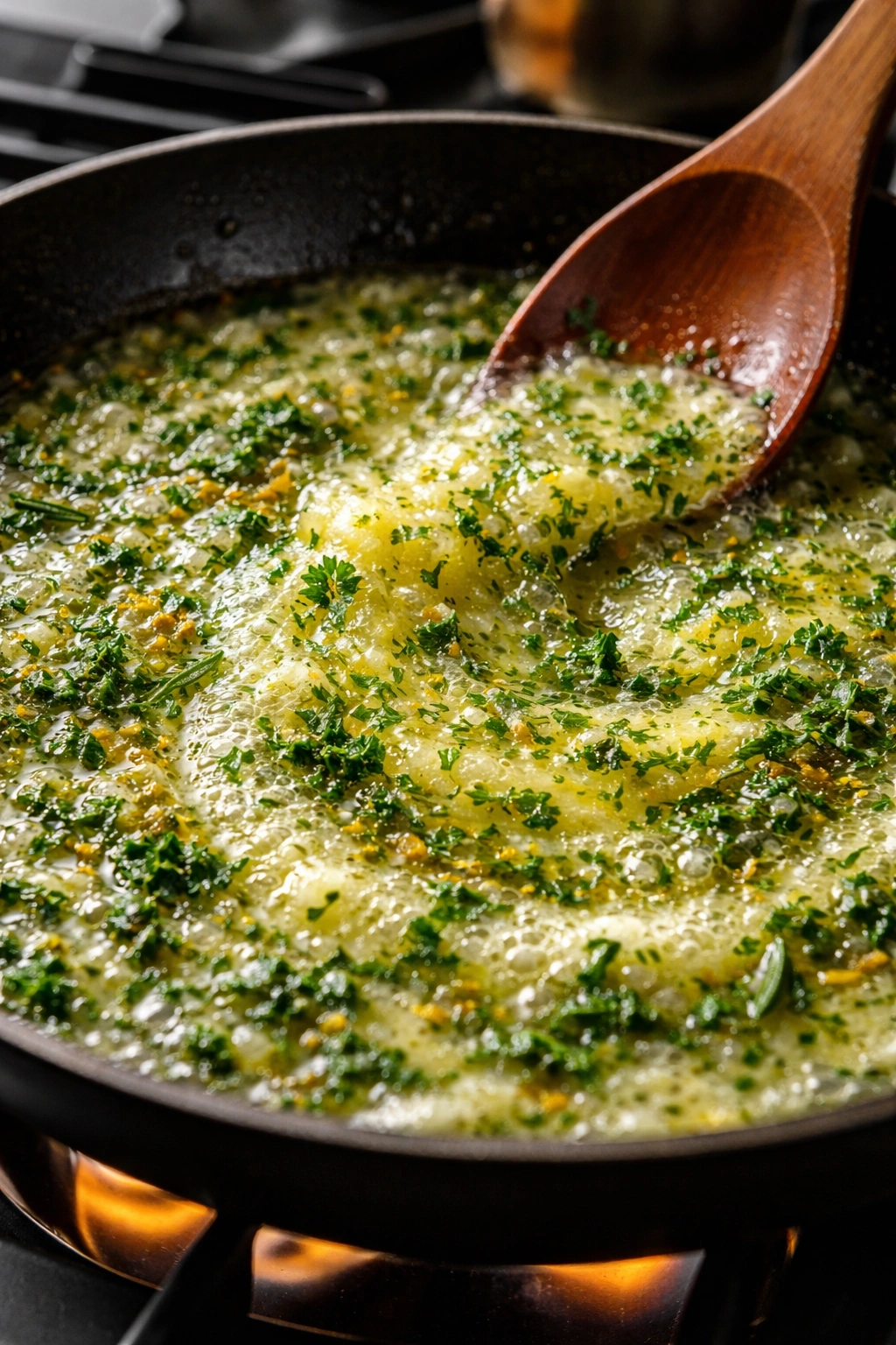Macro shot of melted herb butter with herb flecks swirling in a pan illustrating emulsion and diffusion