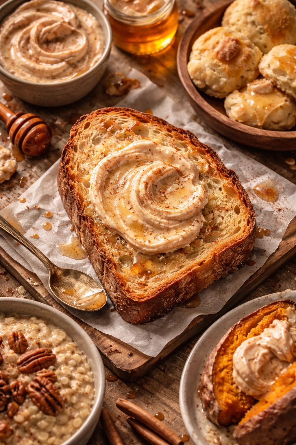 Bread slice with melting whipped cinnamon honey butter